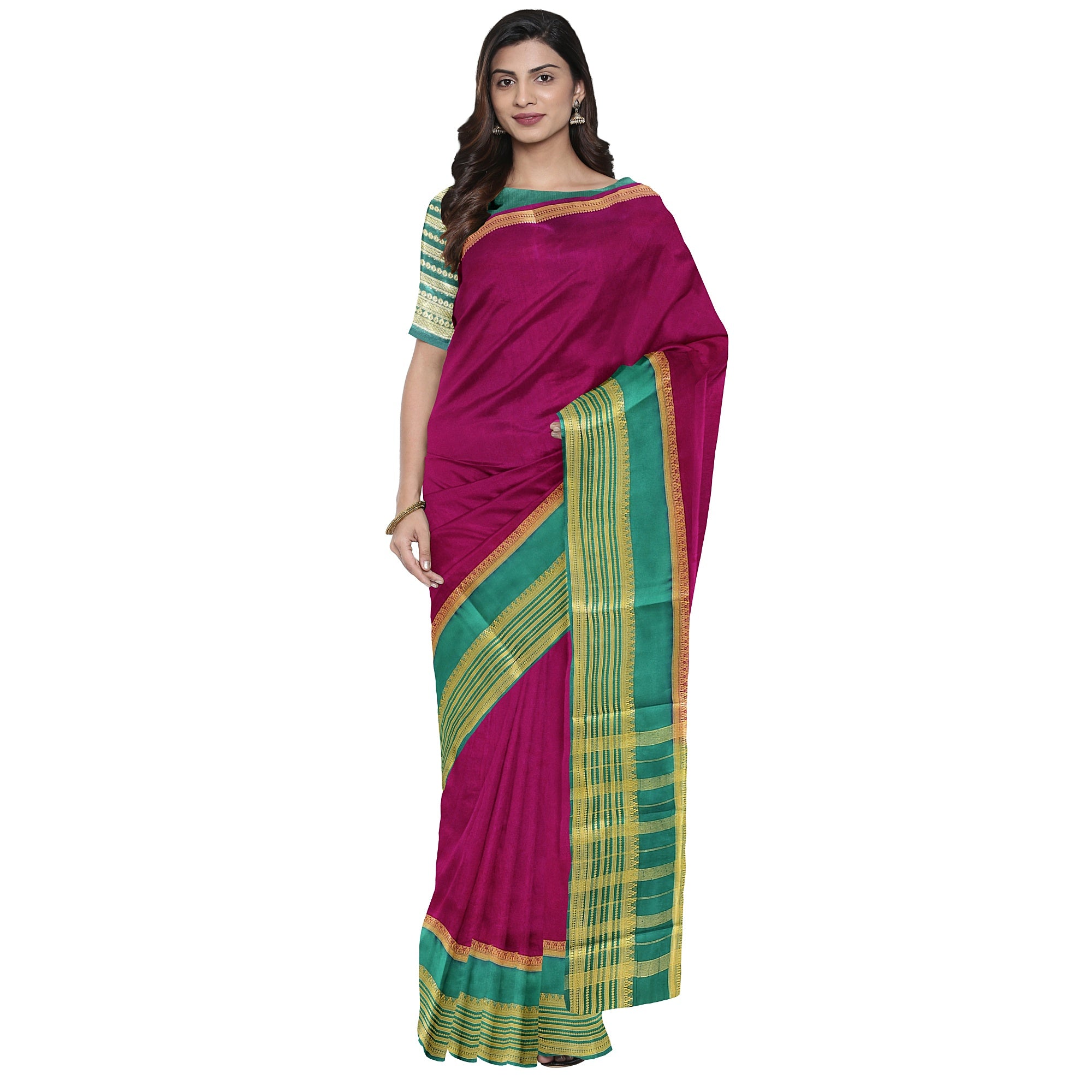 Maroon Saree – Green Border with Gold Zari – Shop Online