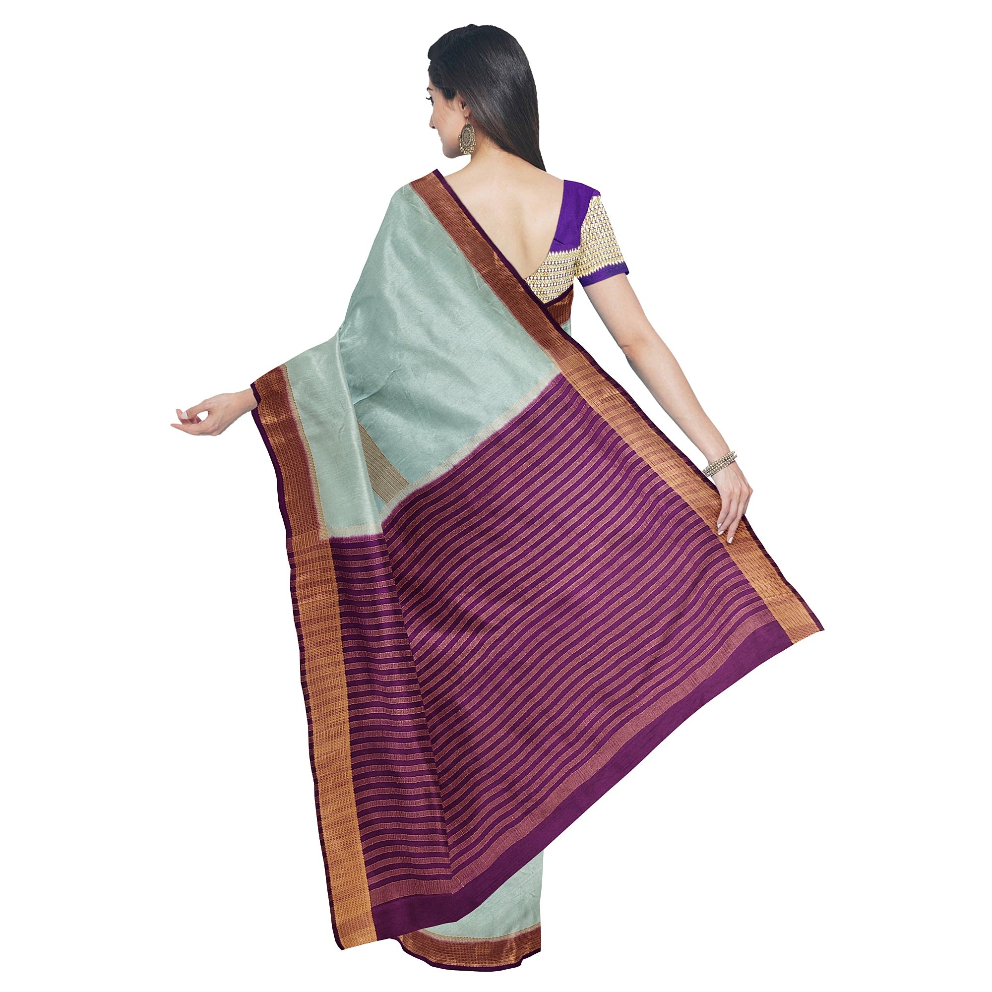 Bluish Designer Crepe Saree – Purple Pallu – Shop Online