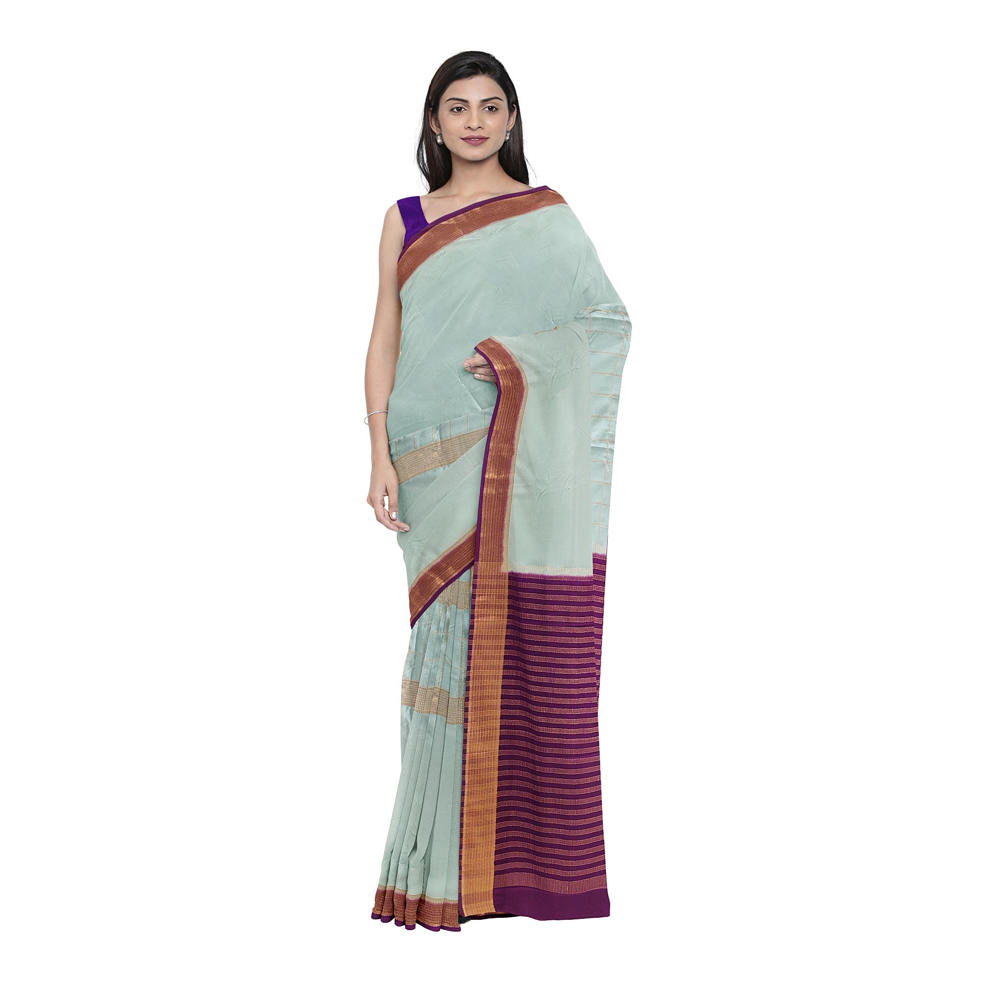 Bluish Designer Crepe Saree – Purple Pallu – Shop Online