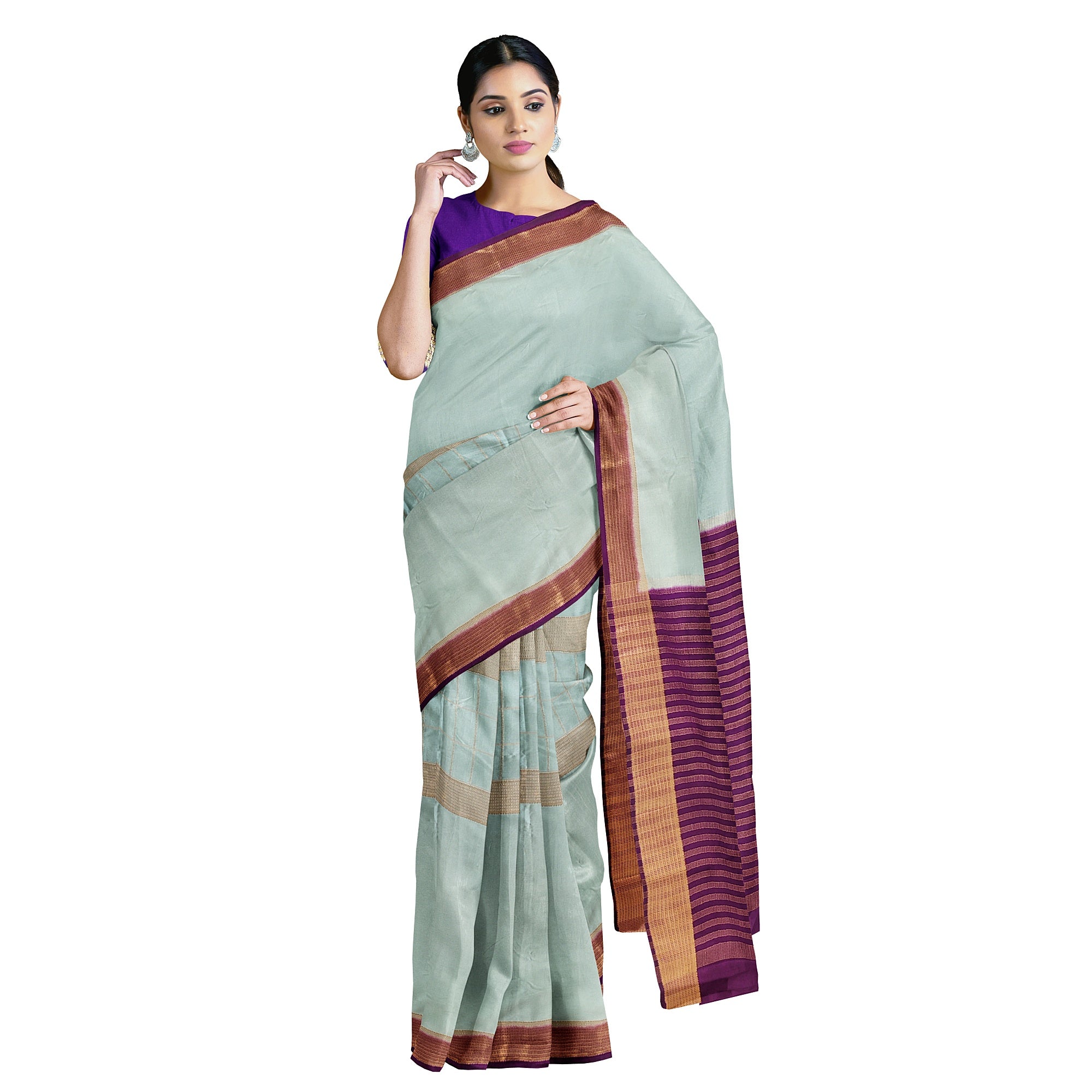 Bluish Designer Crepe Saree – Purple Pallu – Shop Online