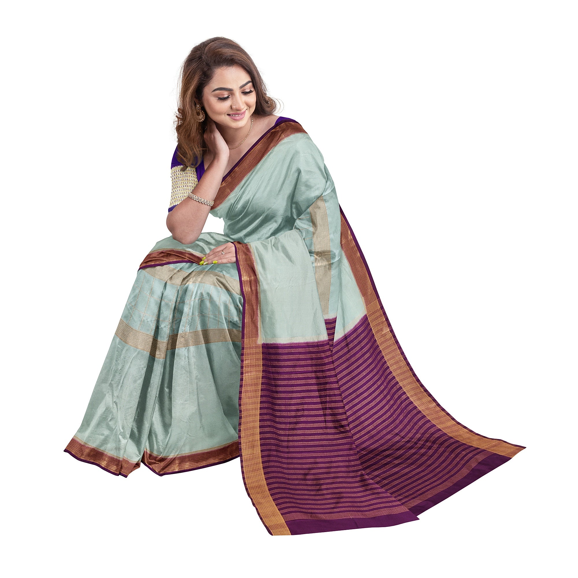 Bluish Designer Crepe Saree – Purple Pallu – Shop Online