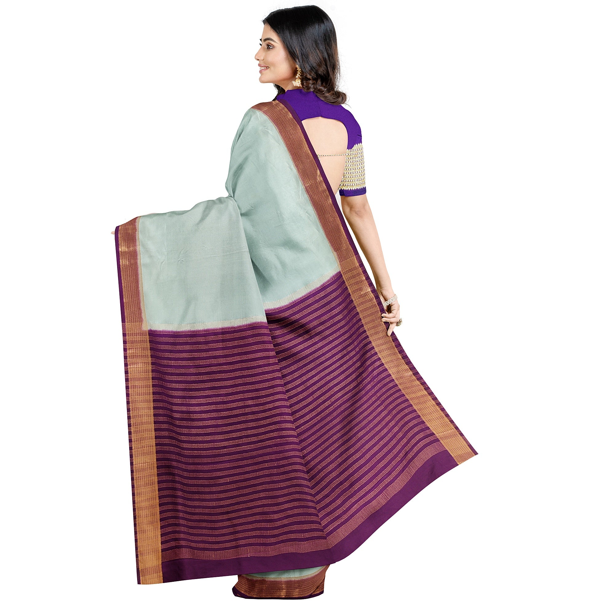 Bluish Designer Crepe Saree – Purple Pallu – Shop Online