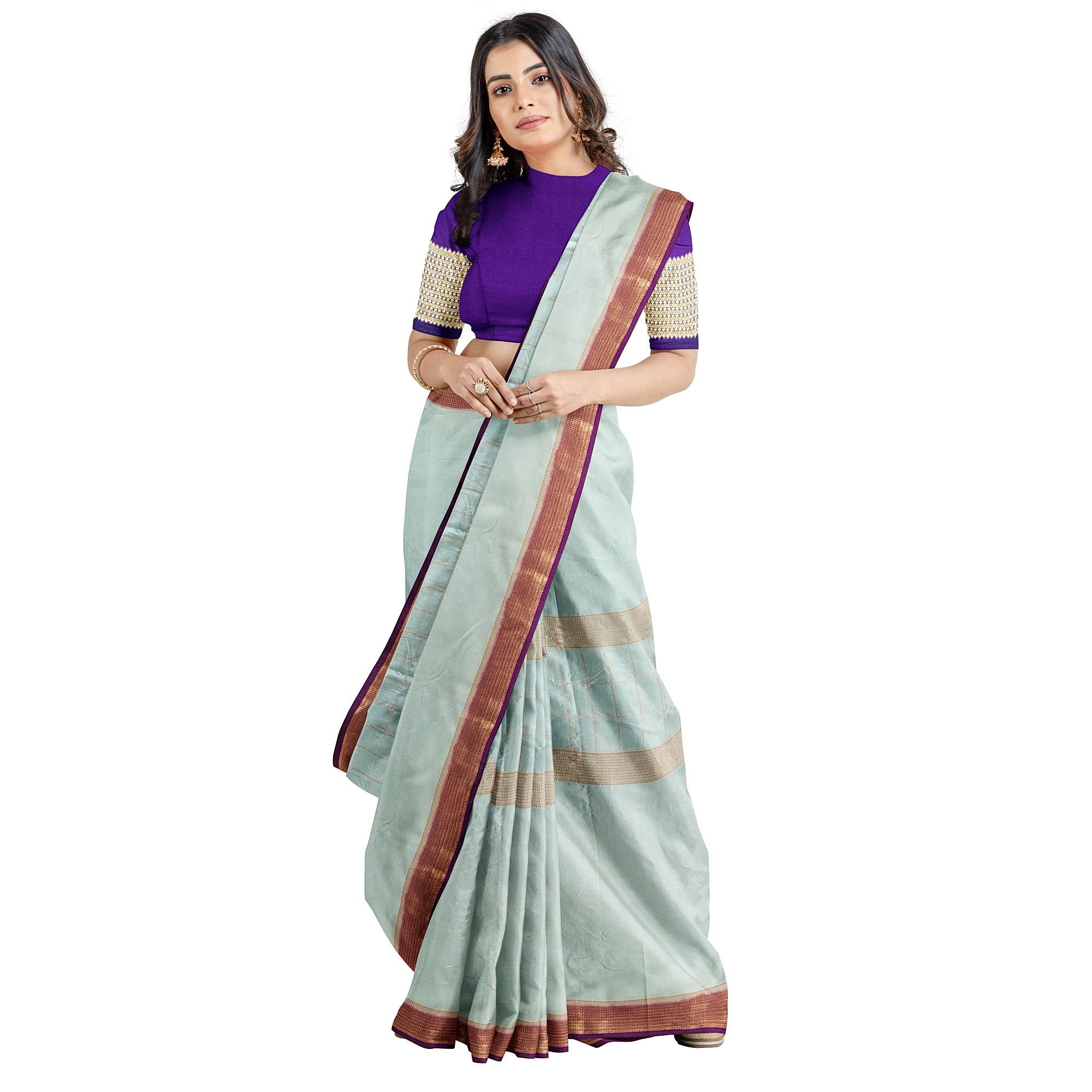 Bluish Designer Crepe Saree – Purple Pallu – Shop Online