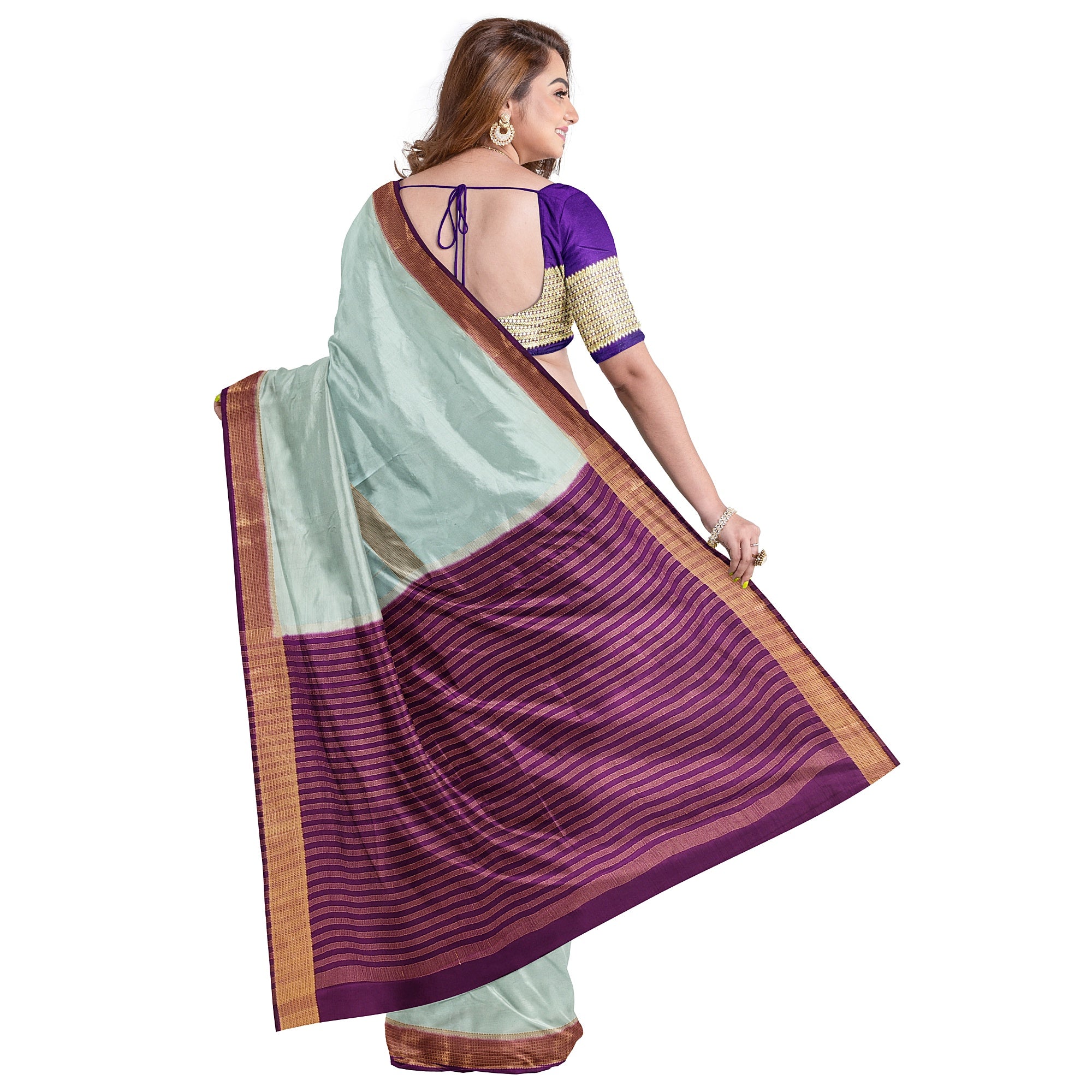 Bluish Designer Crepe Saree – Purple Pallu – Shop Online