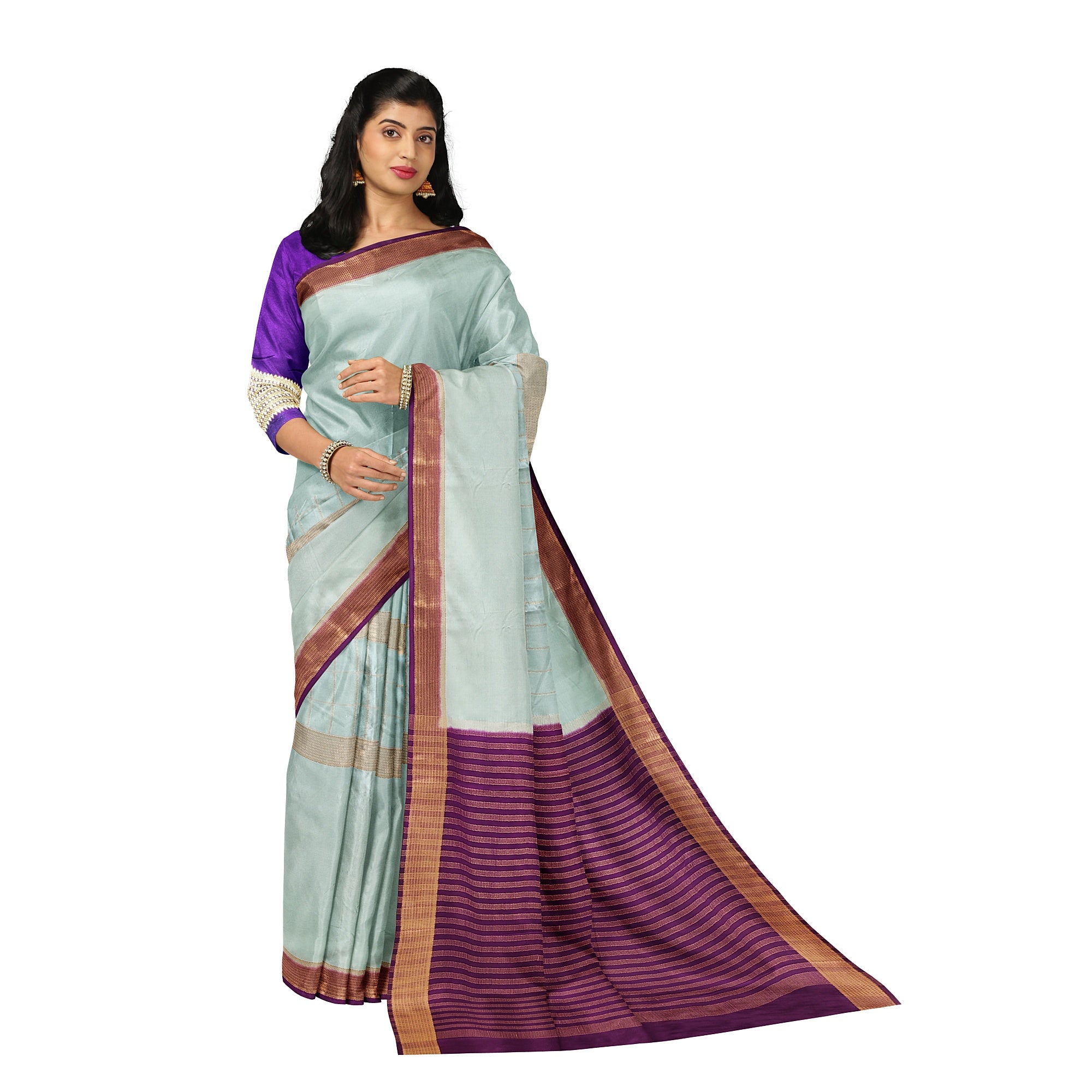 Bluish Designer Crepe Saree – Purple Pallu – Shop Online