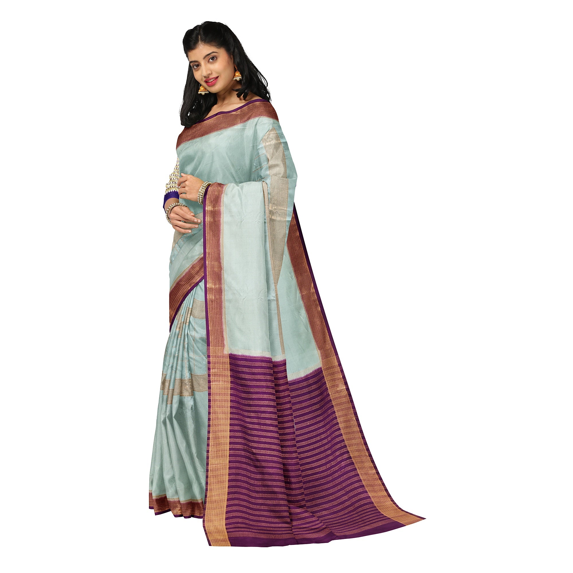 Bluish Designer Crepe Saree – Purple Pallu – Shop Online