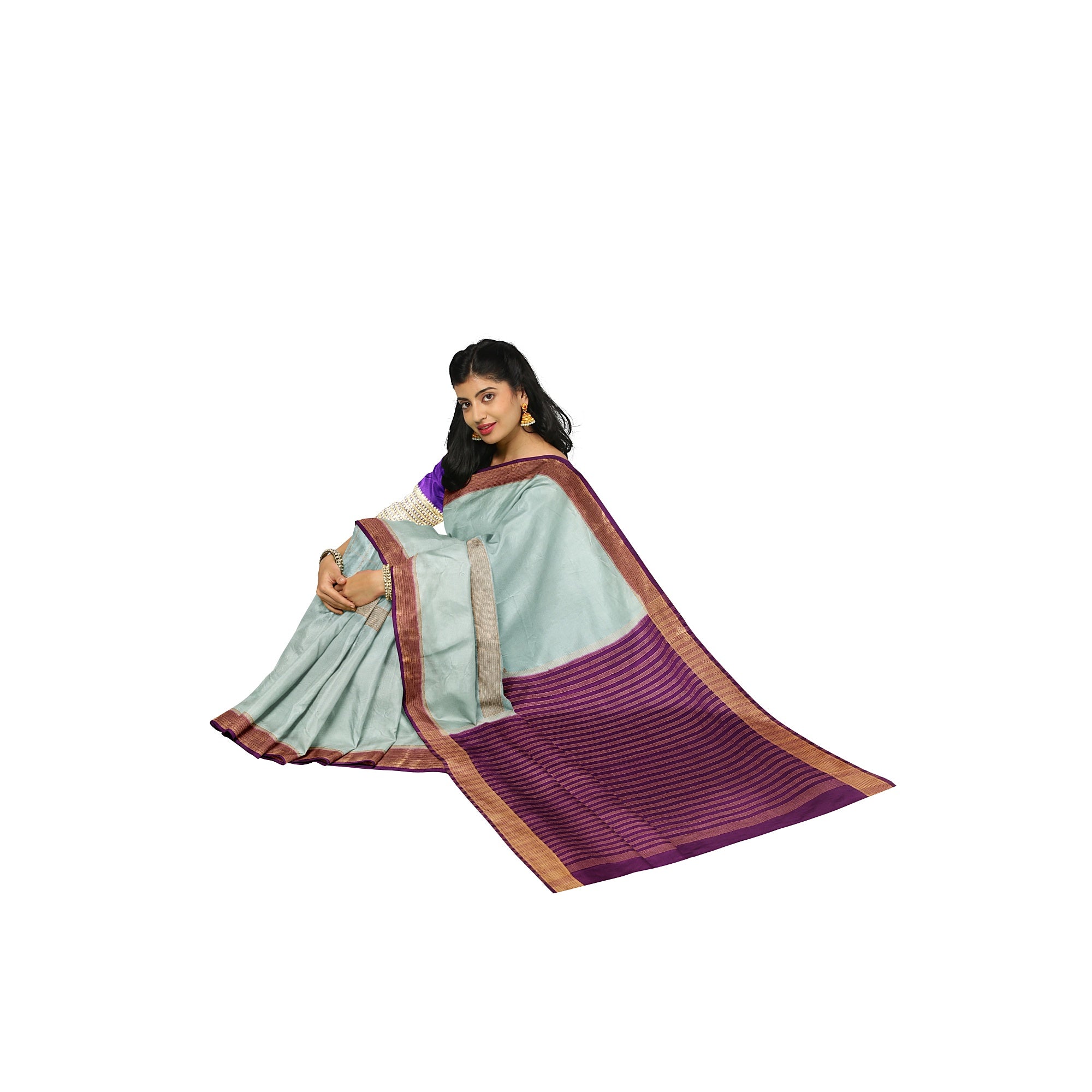 Bluish Designer Crepe Saree – Purple Pallu – Shop Online