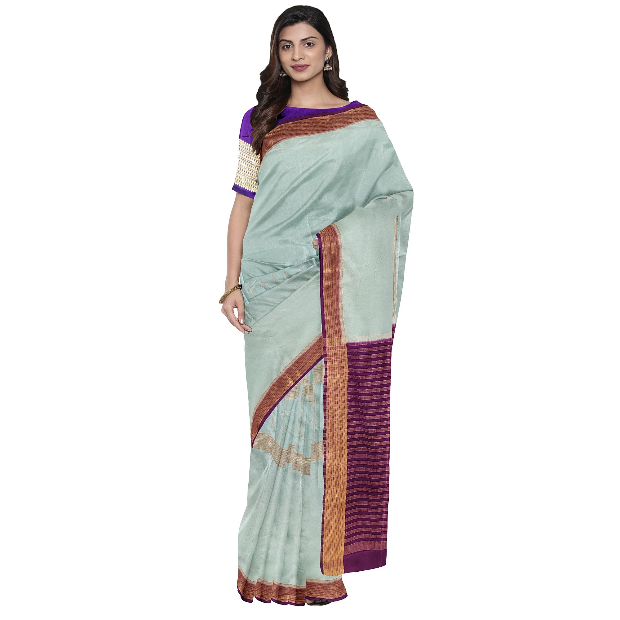 Bluish Designer Crepe Saree – Purple Pallu – Shop Online