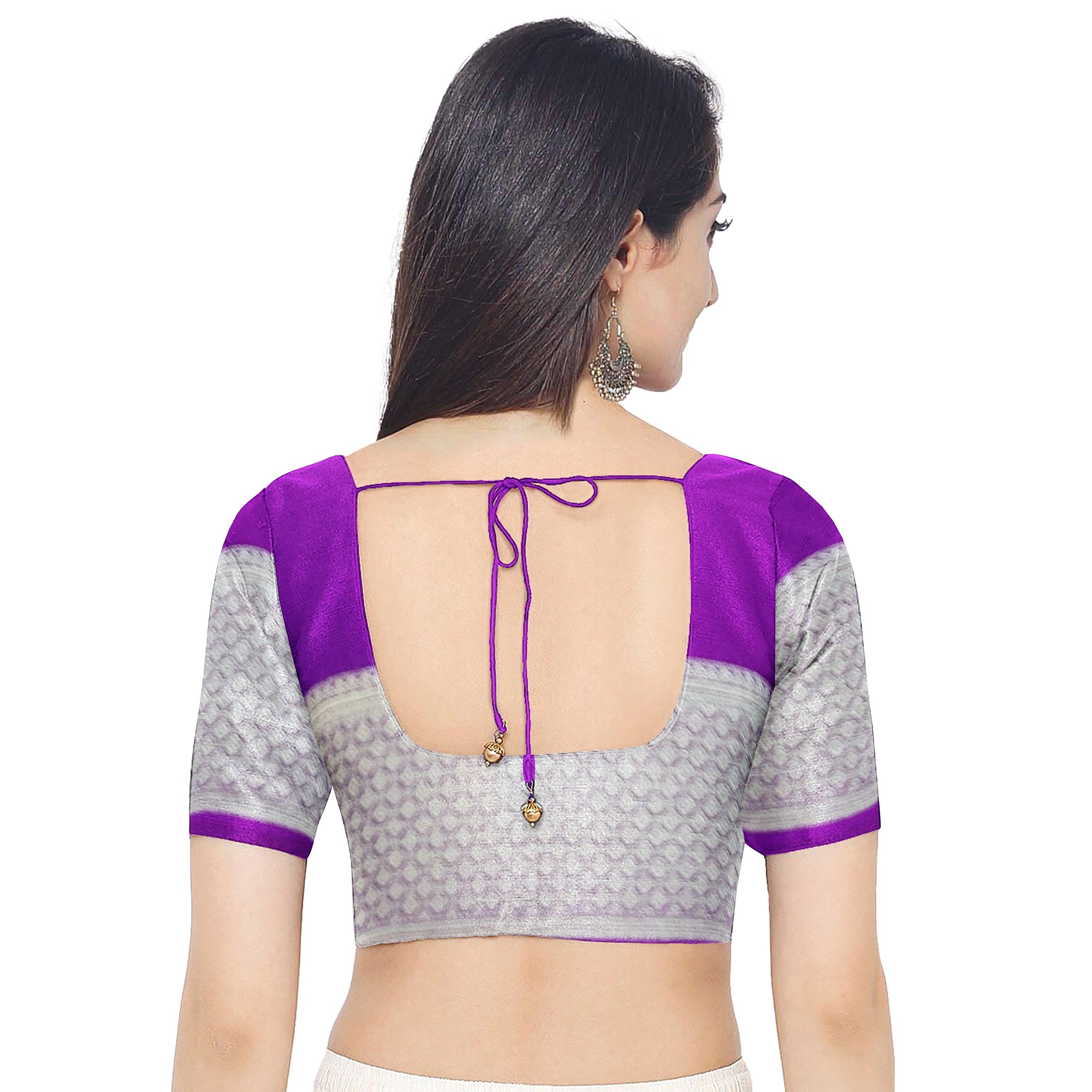 White Semi Mysore Silk Saree – Purple & Navy Accents – Shop Online