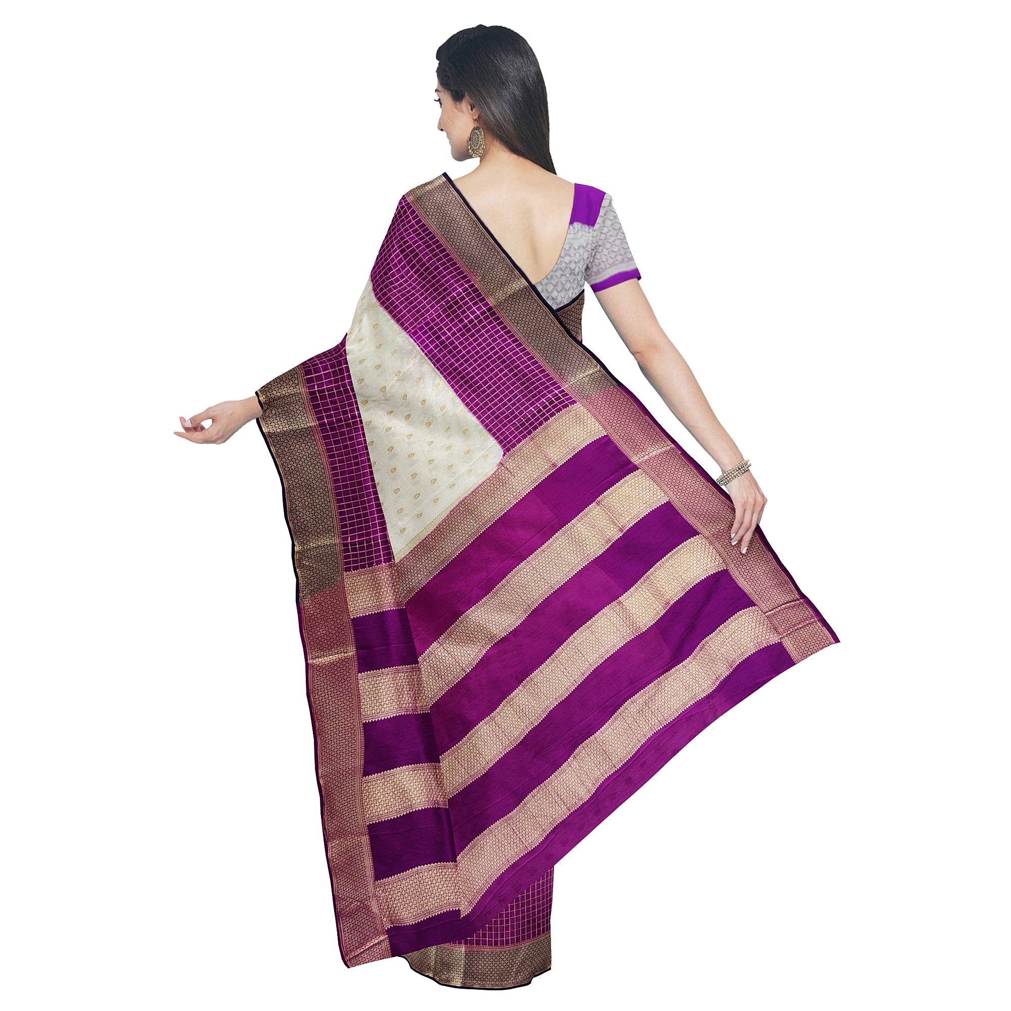 White Semi Mysore Silk Saree – Purple & Navy Accents – Shop Online