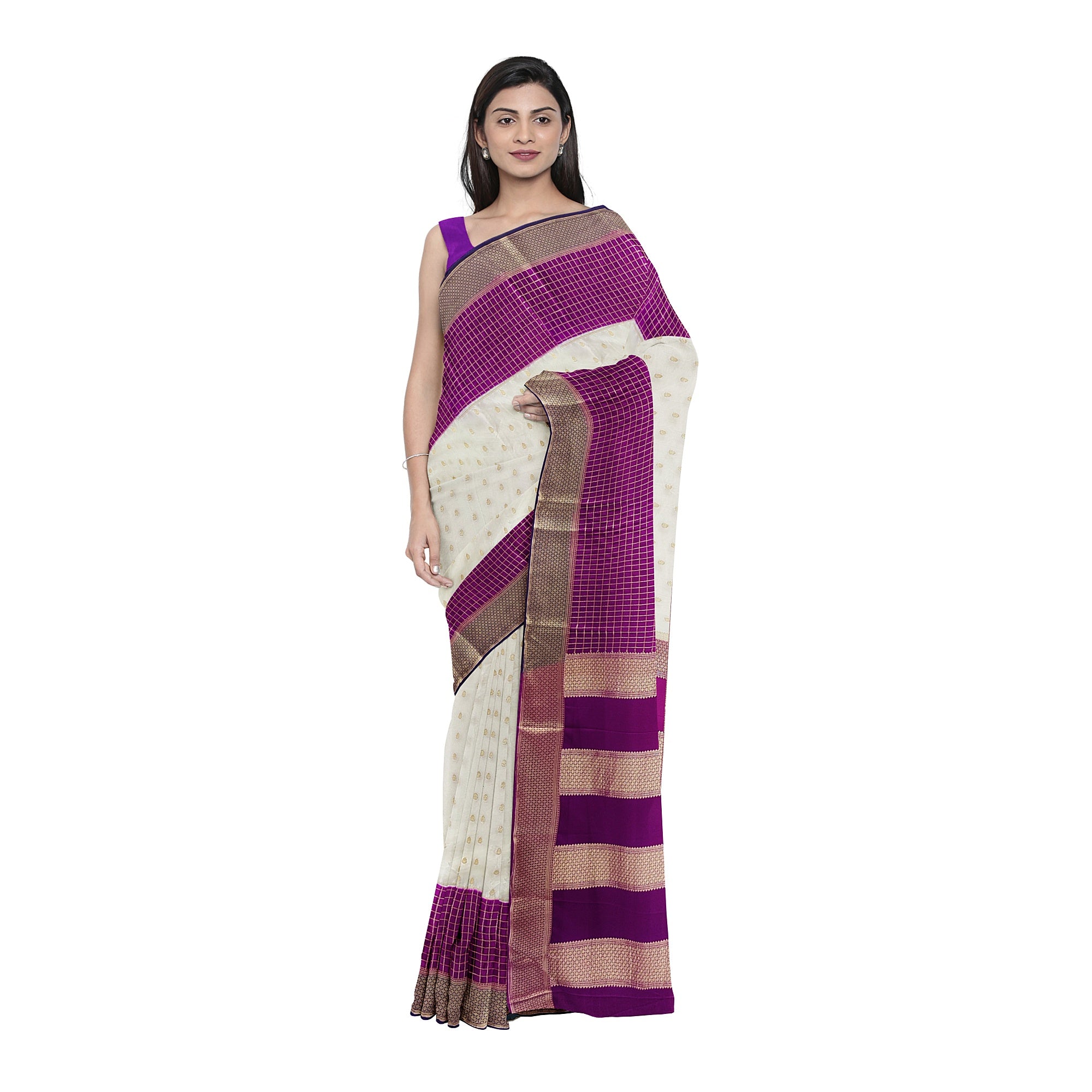 White Semi Mysore Silk Saree – Purple & Navy Accents – Shop Online