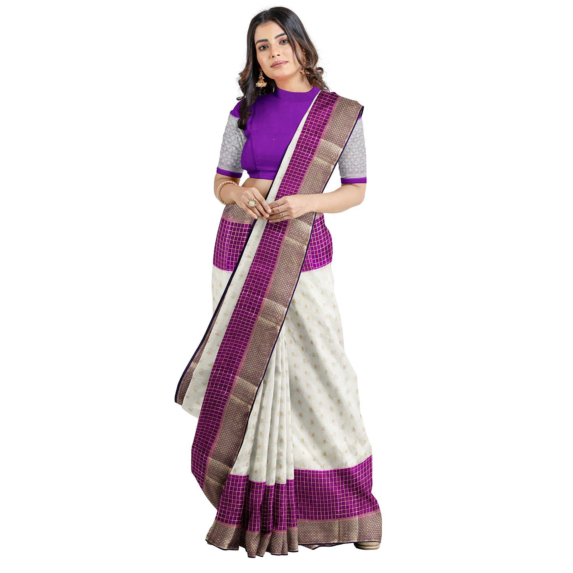 White Semi Mysore Silk Saree – Purple & Navy Accents – Shop Online