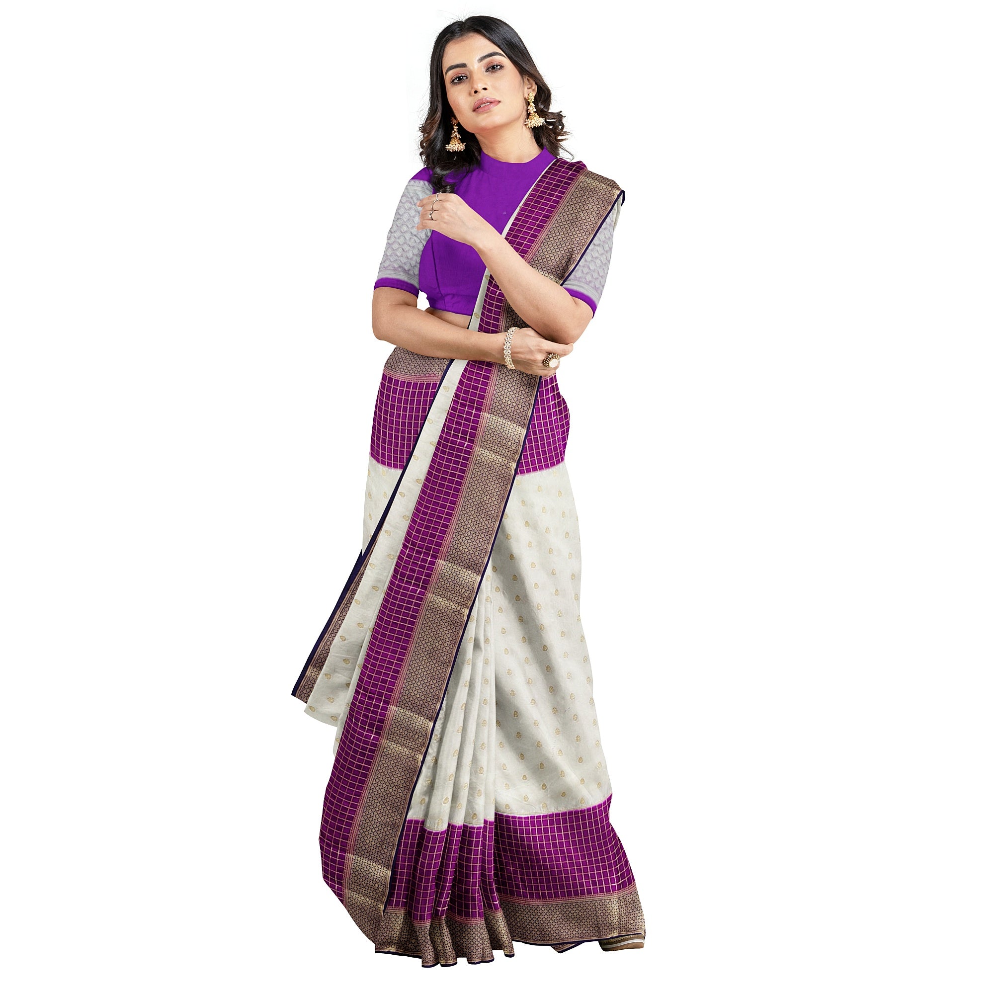 White Semi Mysore Silk Saree – Purple & Navy Accents – Shop Online