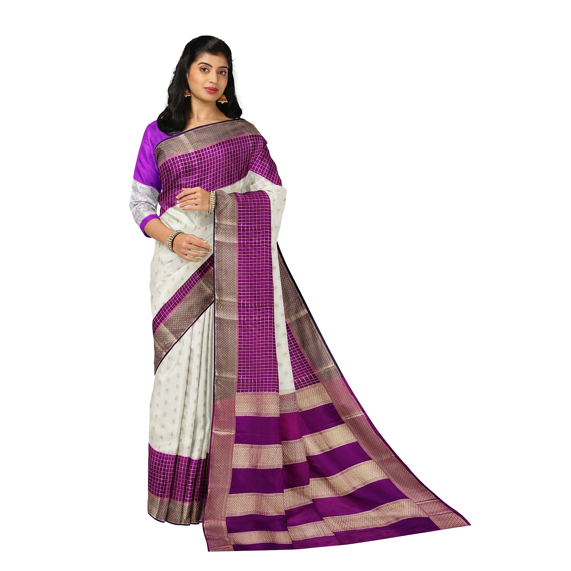 White Semi Mysore Silk Saree – Purple & Navy Accents – Shop Online