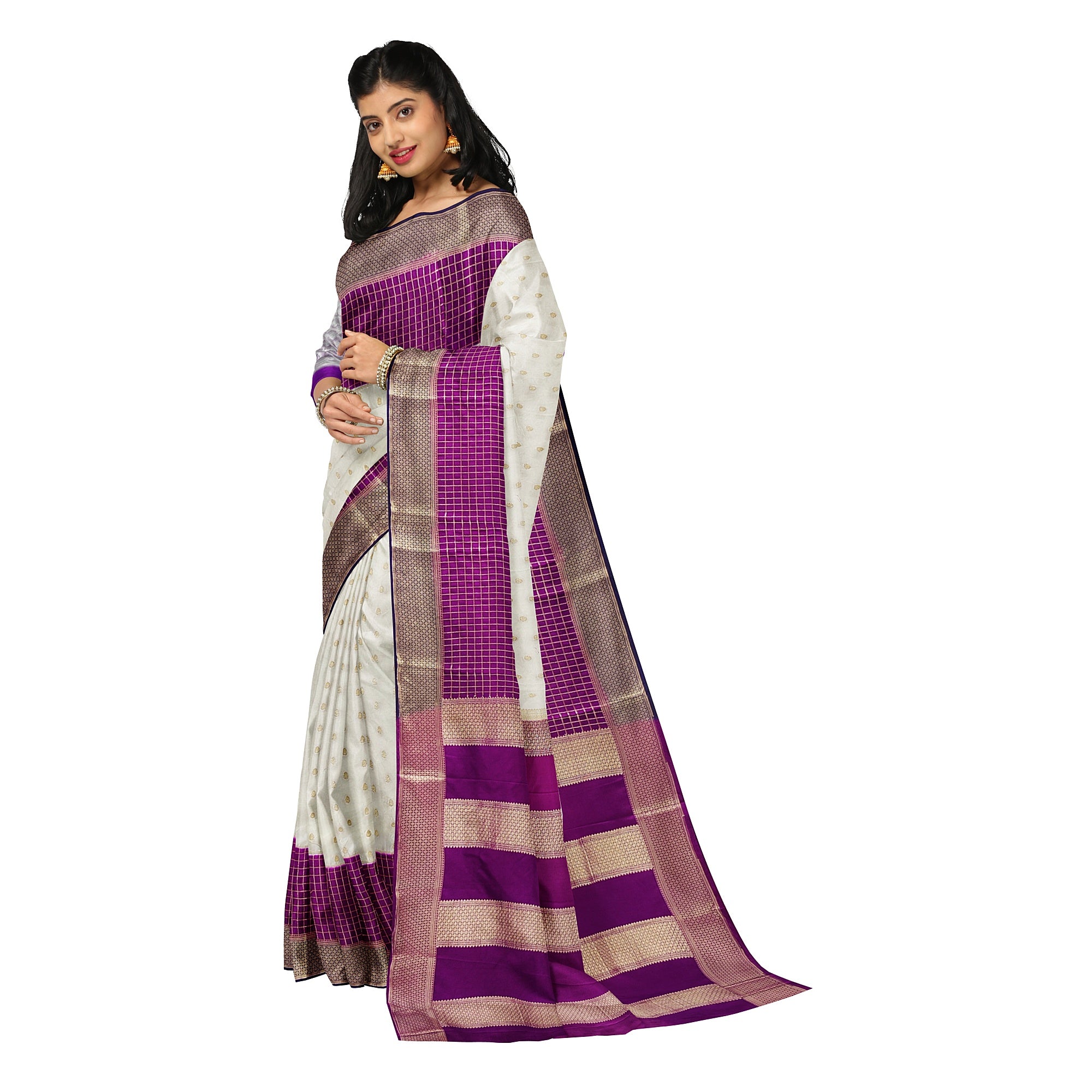 White Semi Mysore Silk Saree – Purple & Navy Accents – Shop Online