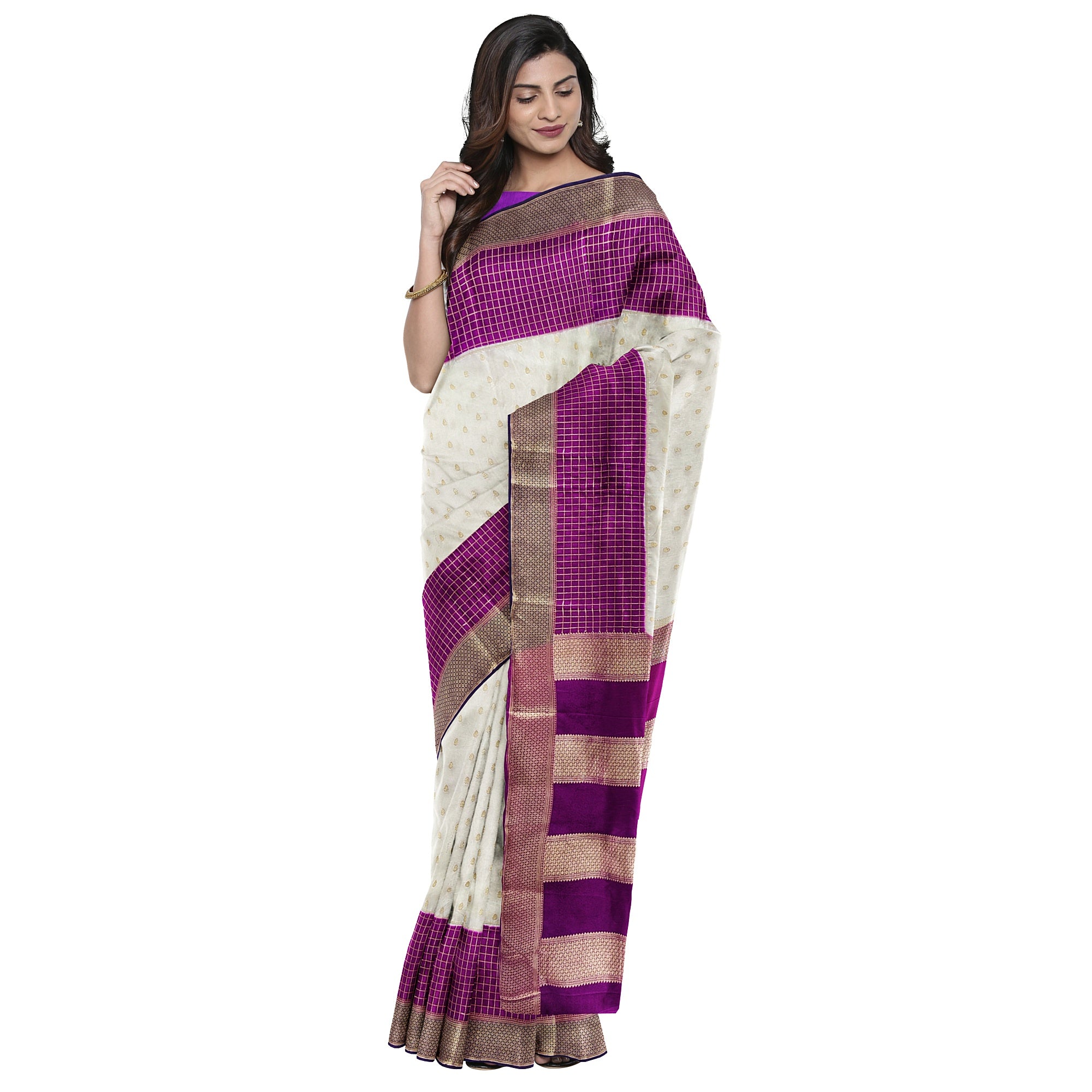 White Semi Mysore Silk Saree – Purple & Navy Accents – Shop Online