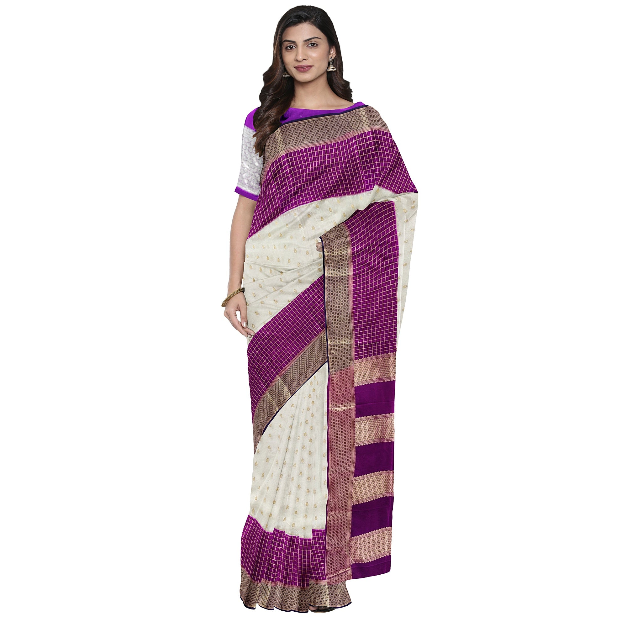White Semi Mysore Silk Saree – Purple & Navy Accents – Shop Online