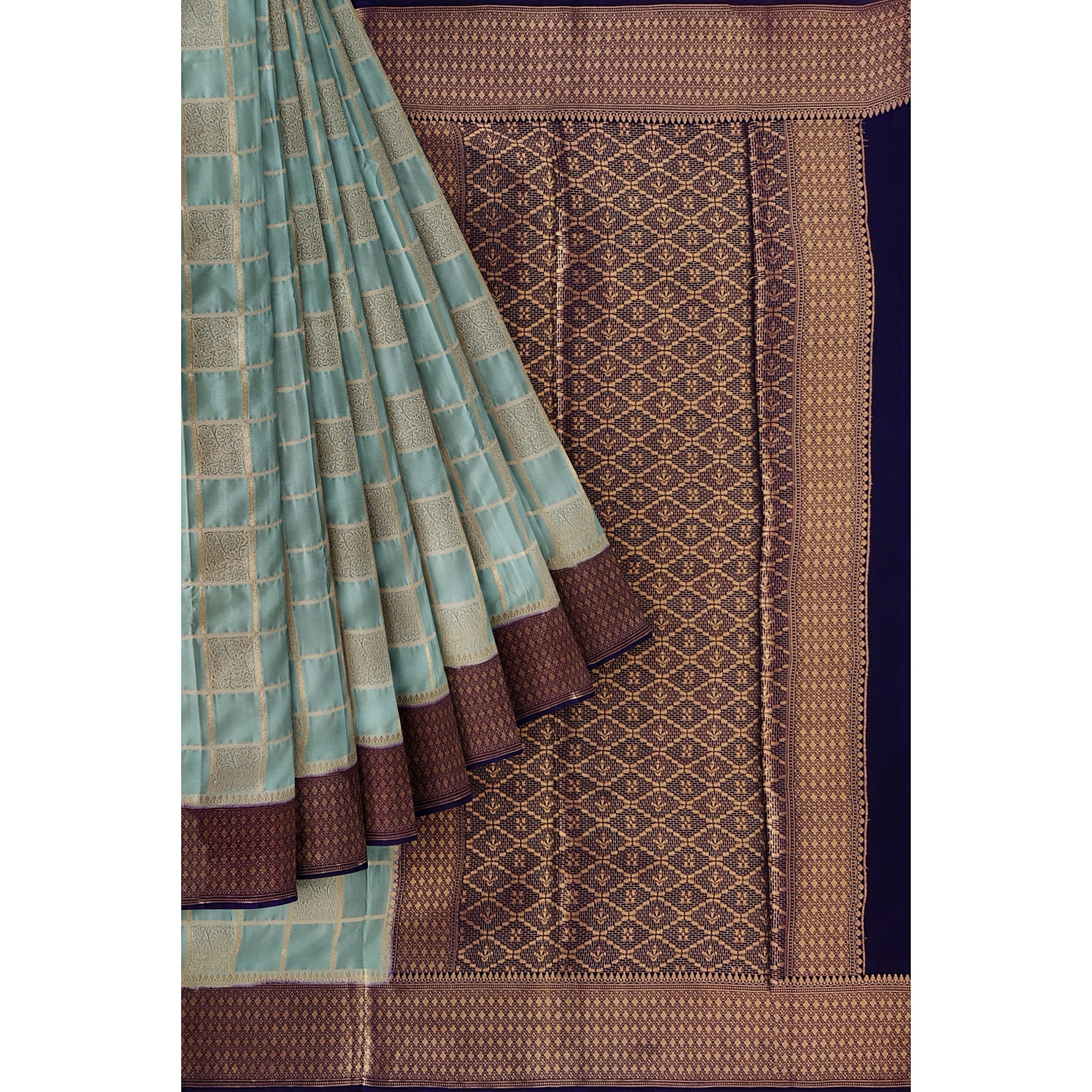 Blue Checked Semi Mysore Silk Saree – Navy Border – Shop Online