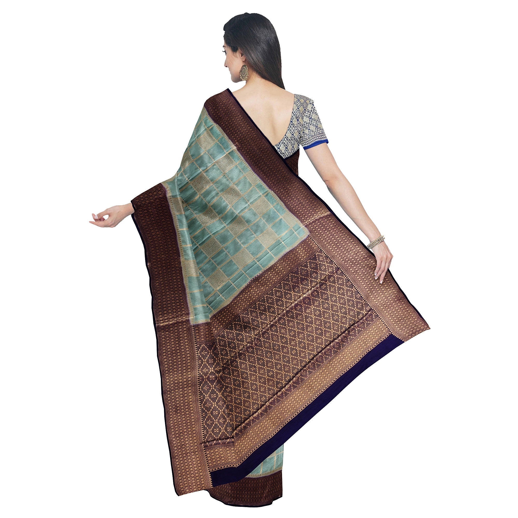 Blue Checked Semi Mysore Silk Saree – Navy Border – Shop Online