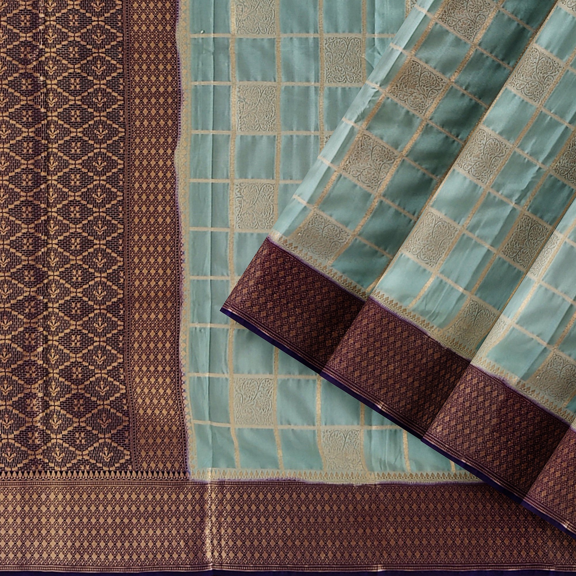 Blue Checked Semi Mysore Silk Saree – Navy Border – Shop Online