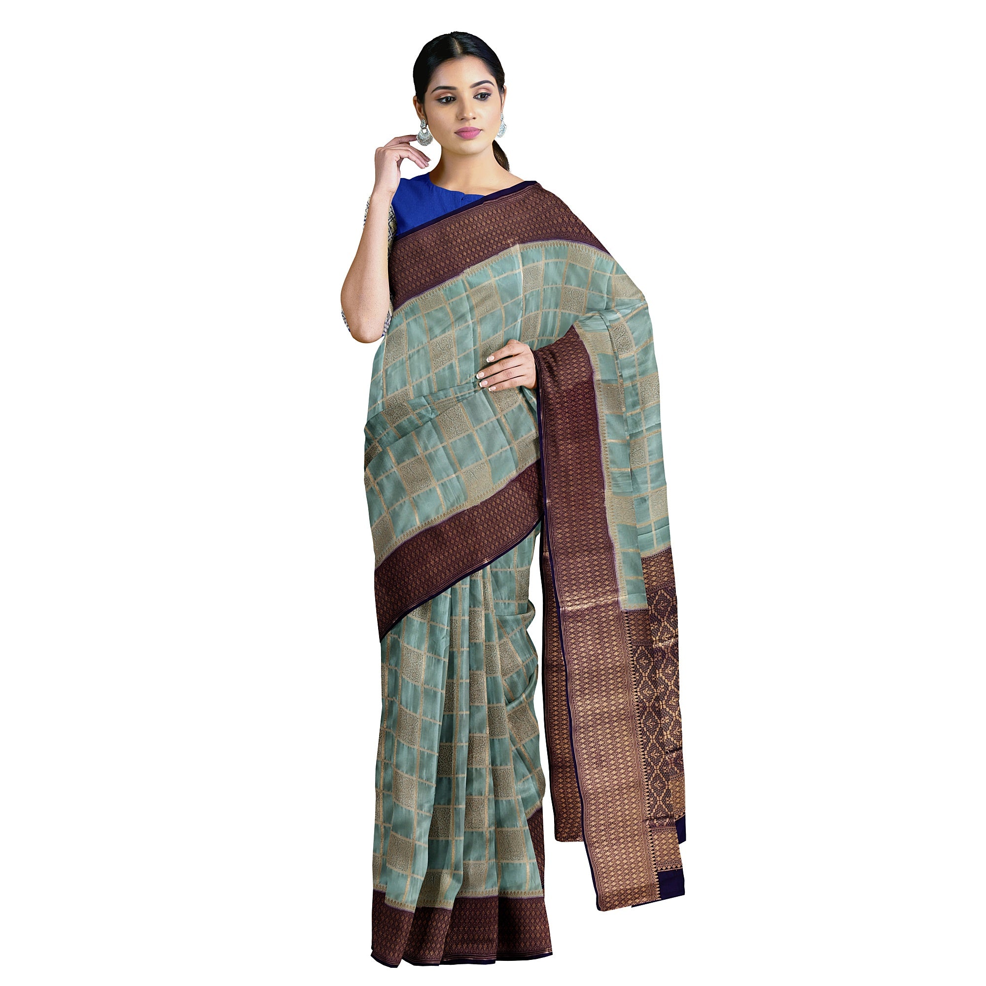 Blue Checked Semi Mysore Silk Saree – Navy Border – Shop Online