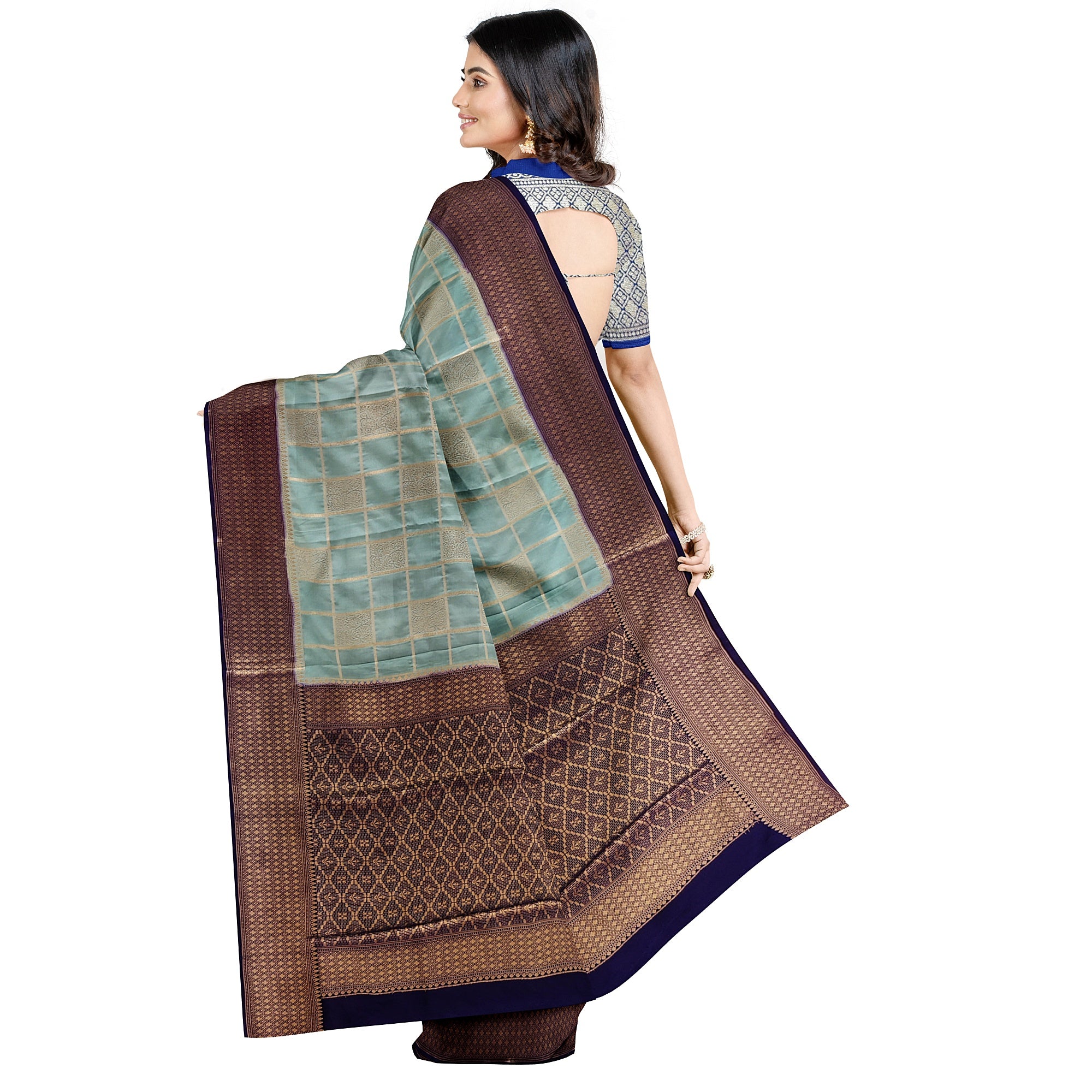 Blue Checked Semi Mysore Silk Saree – Navy Border – Shop Online