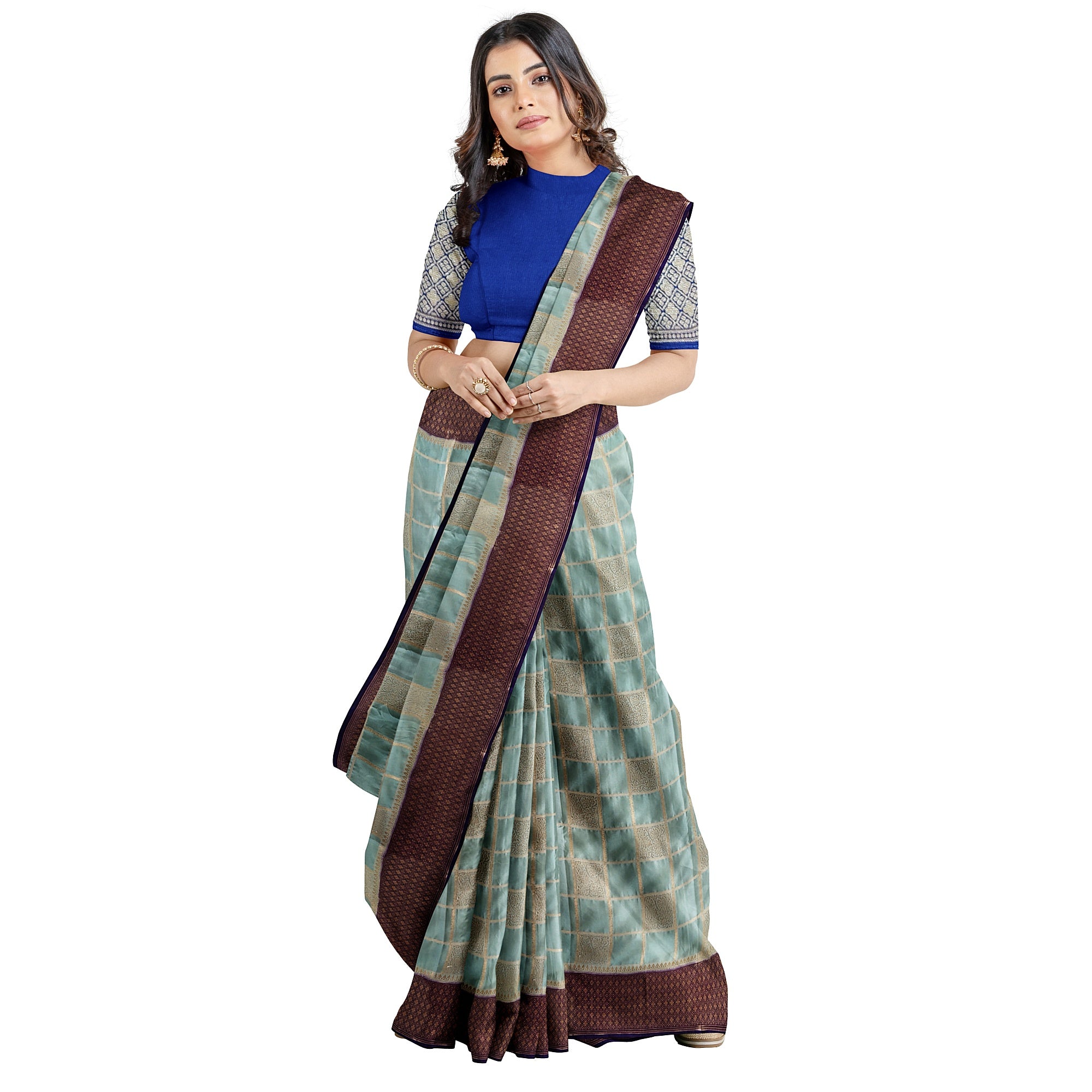 Blue Checked Semi Mysore Silk Saree – Navy Border – Shop Online