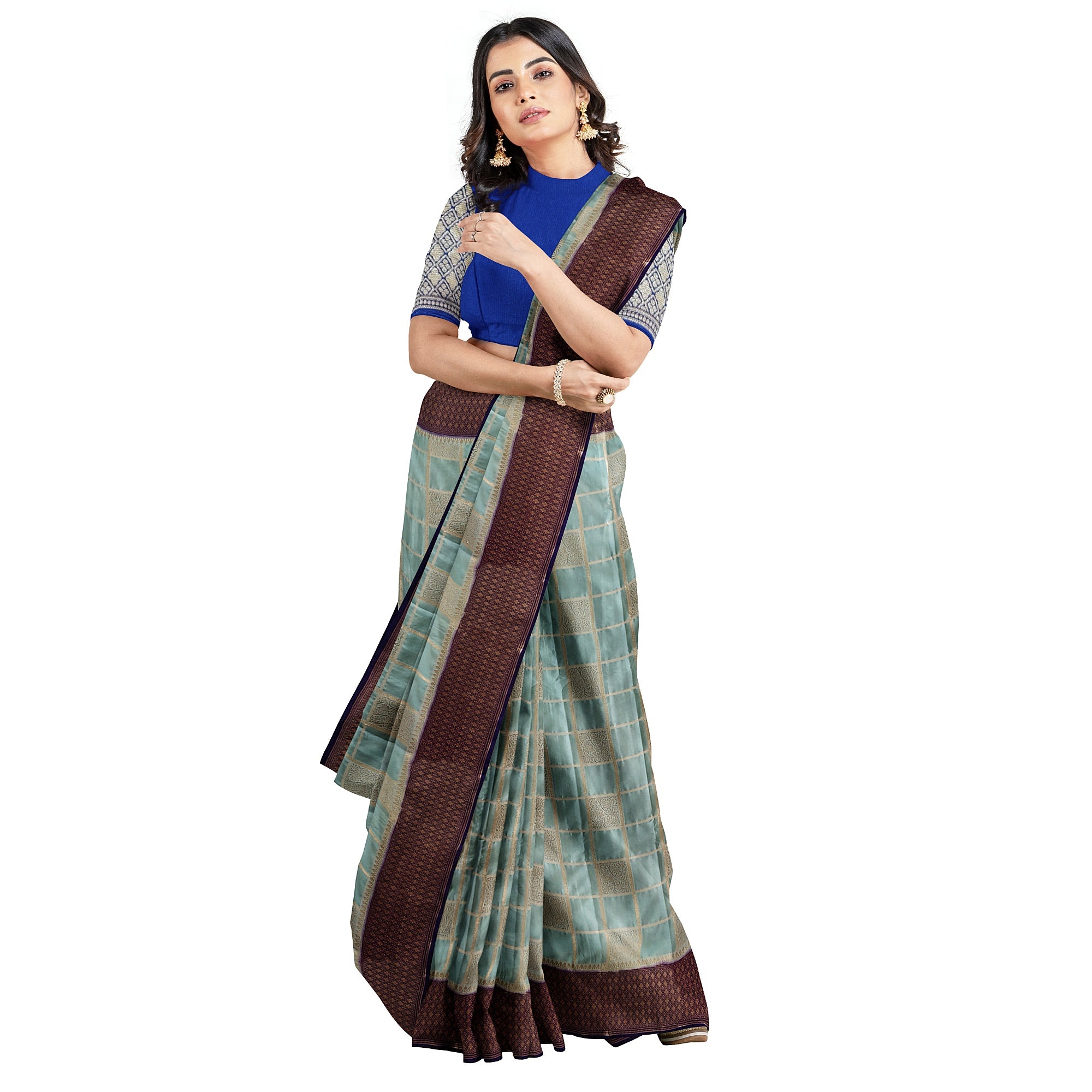 Blue Checked Semi Mysore Silk Saree – Navy Border – Shop Online