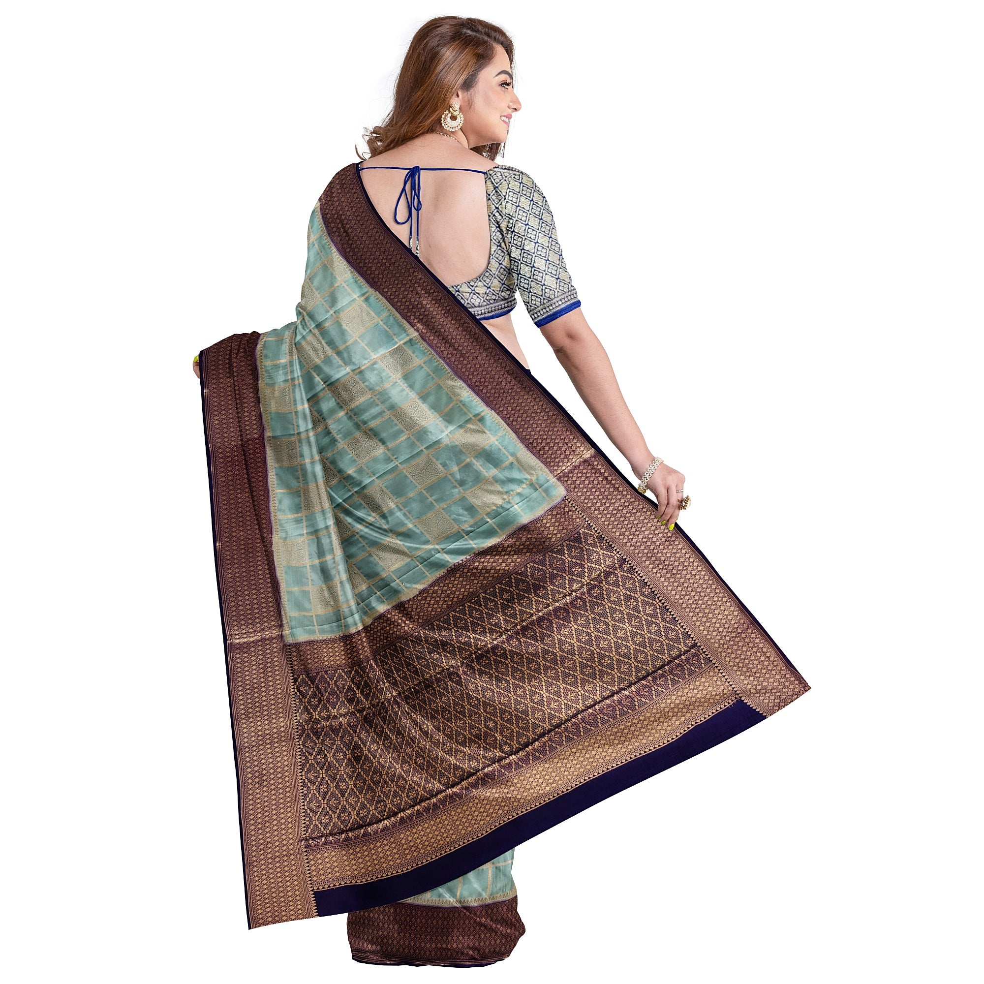 Blue Checked Semi Mysore Silk Saree – Navy Border – Shop Online