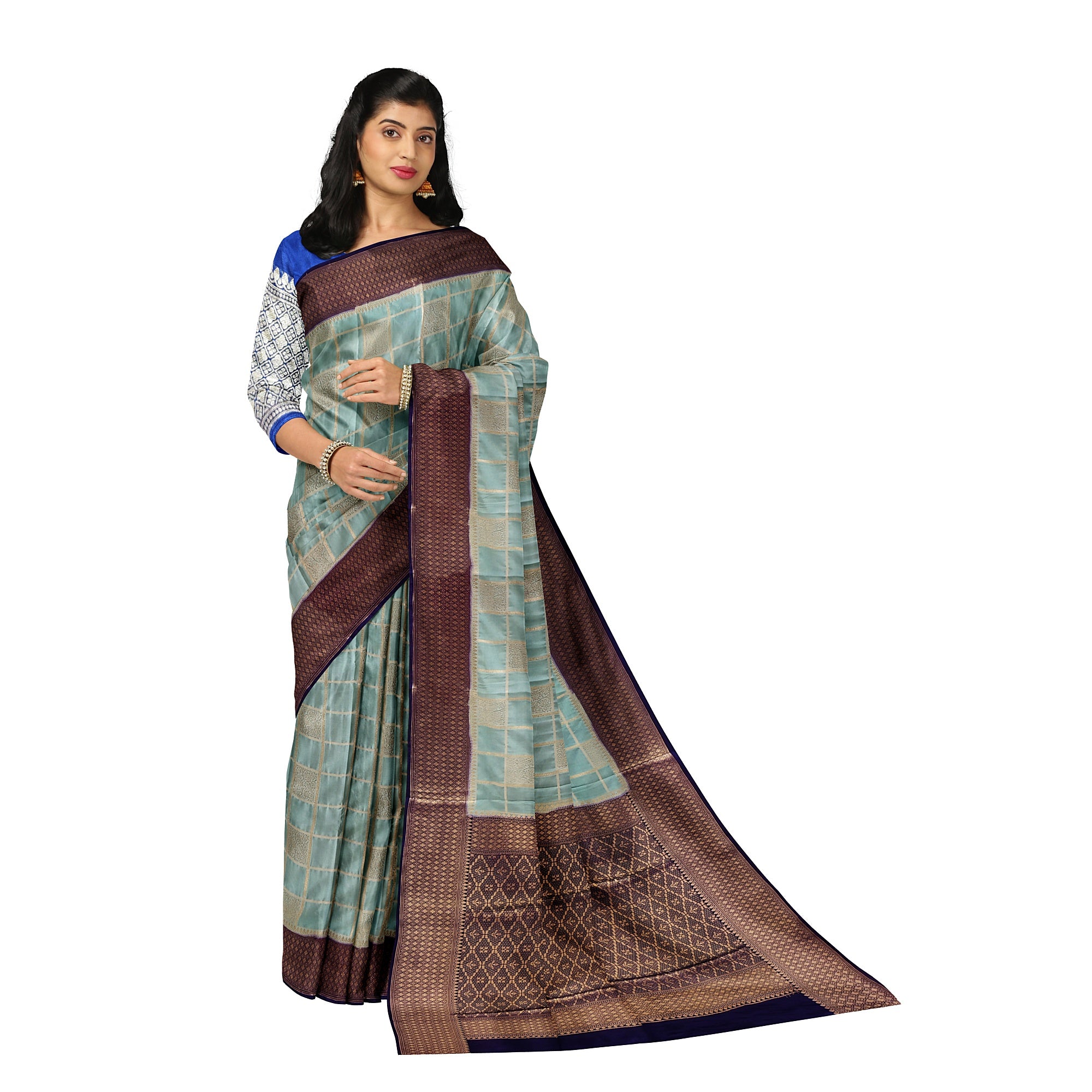 Blue Checked Semi Mysore Silk Saree – Navy Border – Shop Online