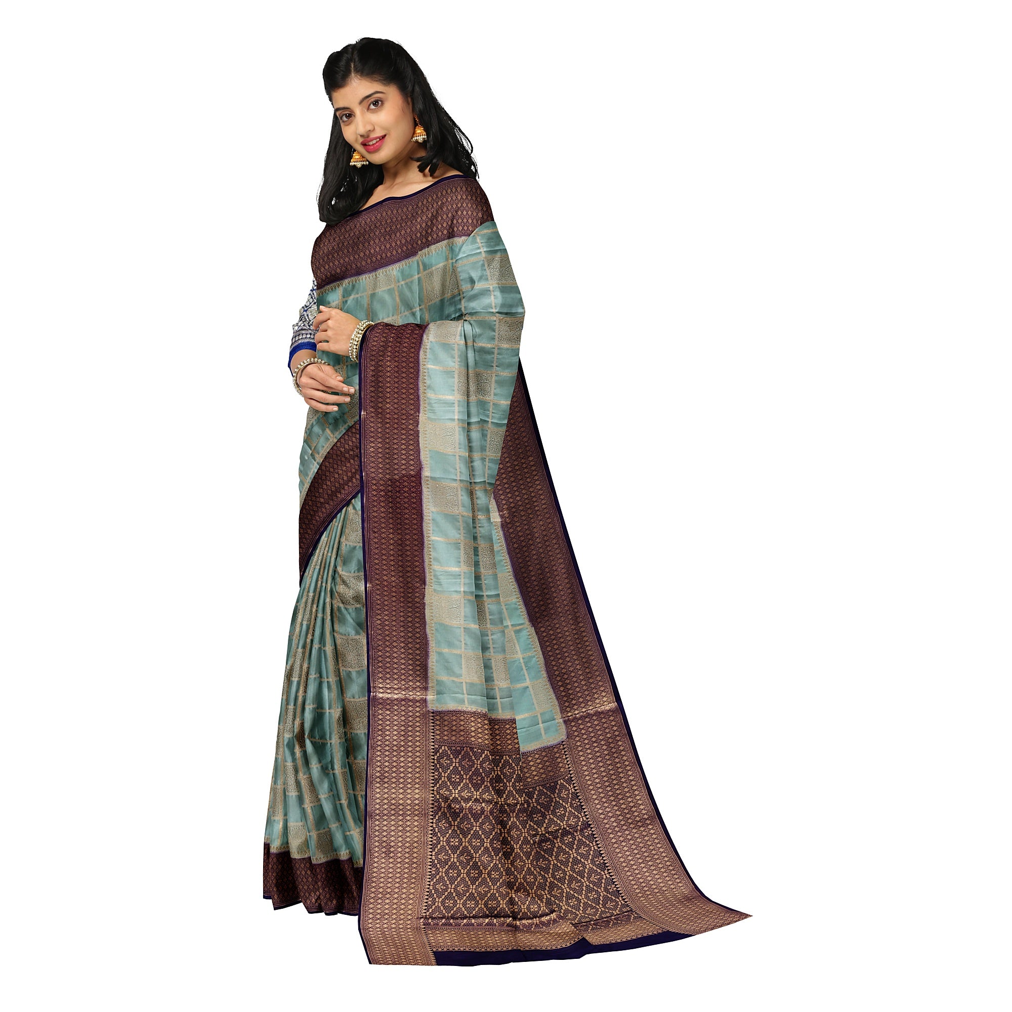 Blue Checked Semi Mysore Silk Saree – Navy Border – Shop Online
