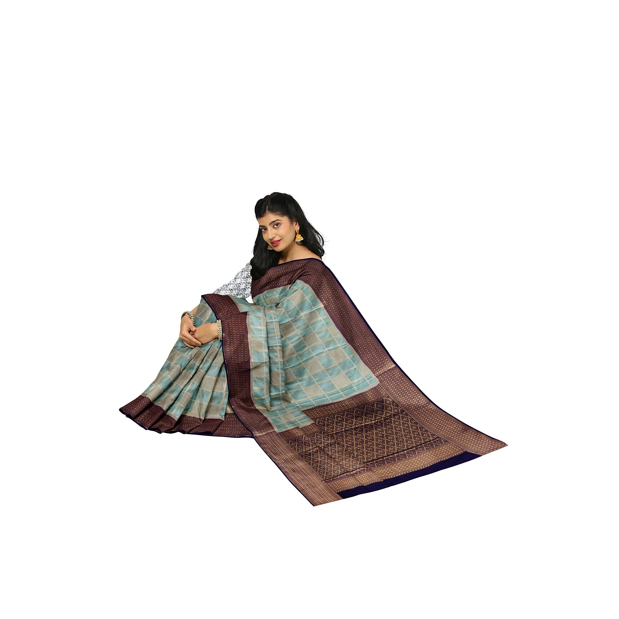 Blue Checked Semi Mysore Silk Saree – Navy Border – Shop Online