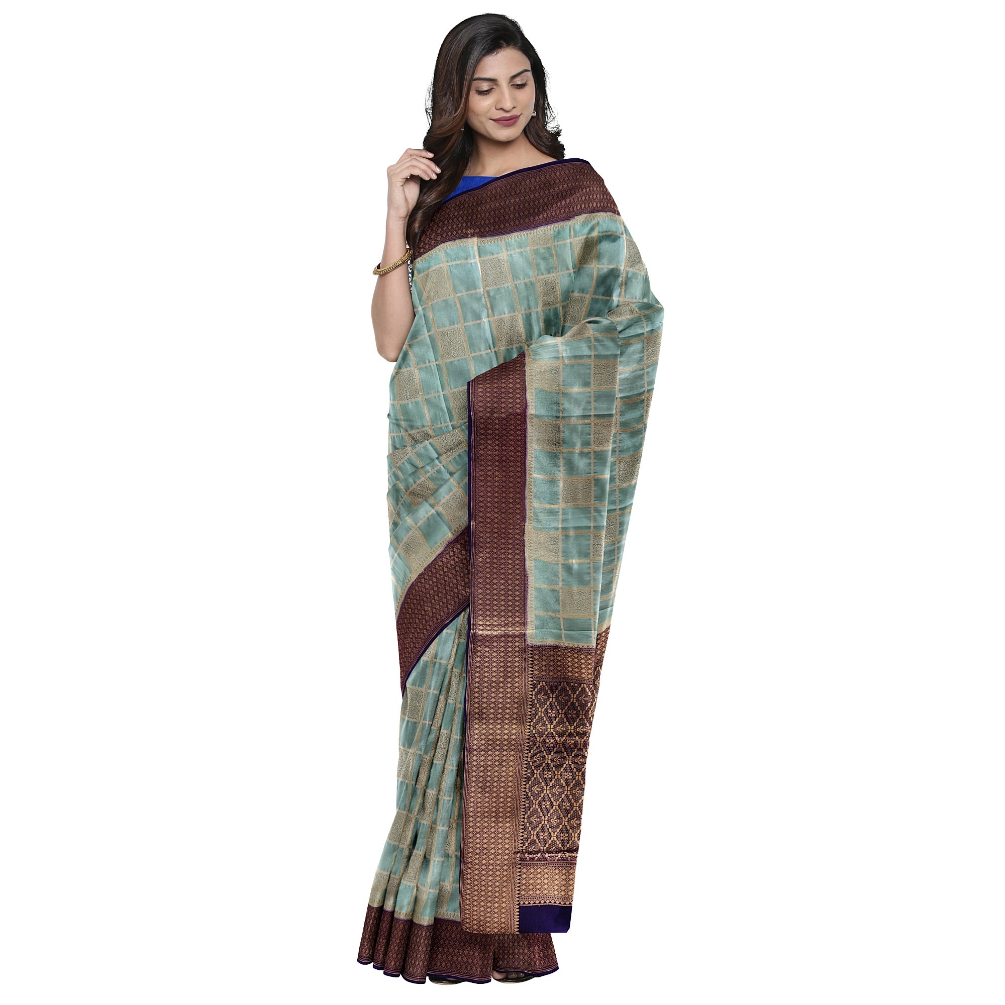 Blue Checked Semi Mysore Silk Saree – Navy Border – Shop Online