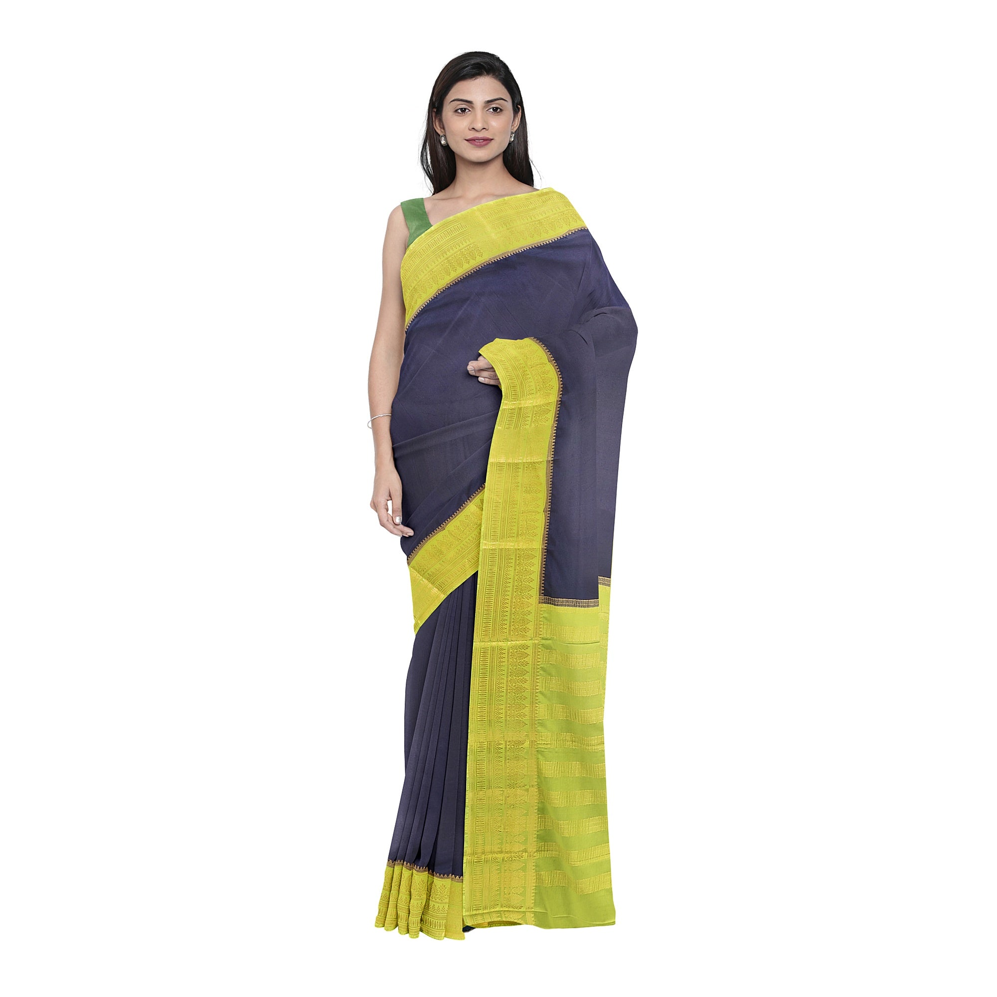 Navy Blue Saree – Pista Green Border – Shop Online