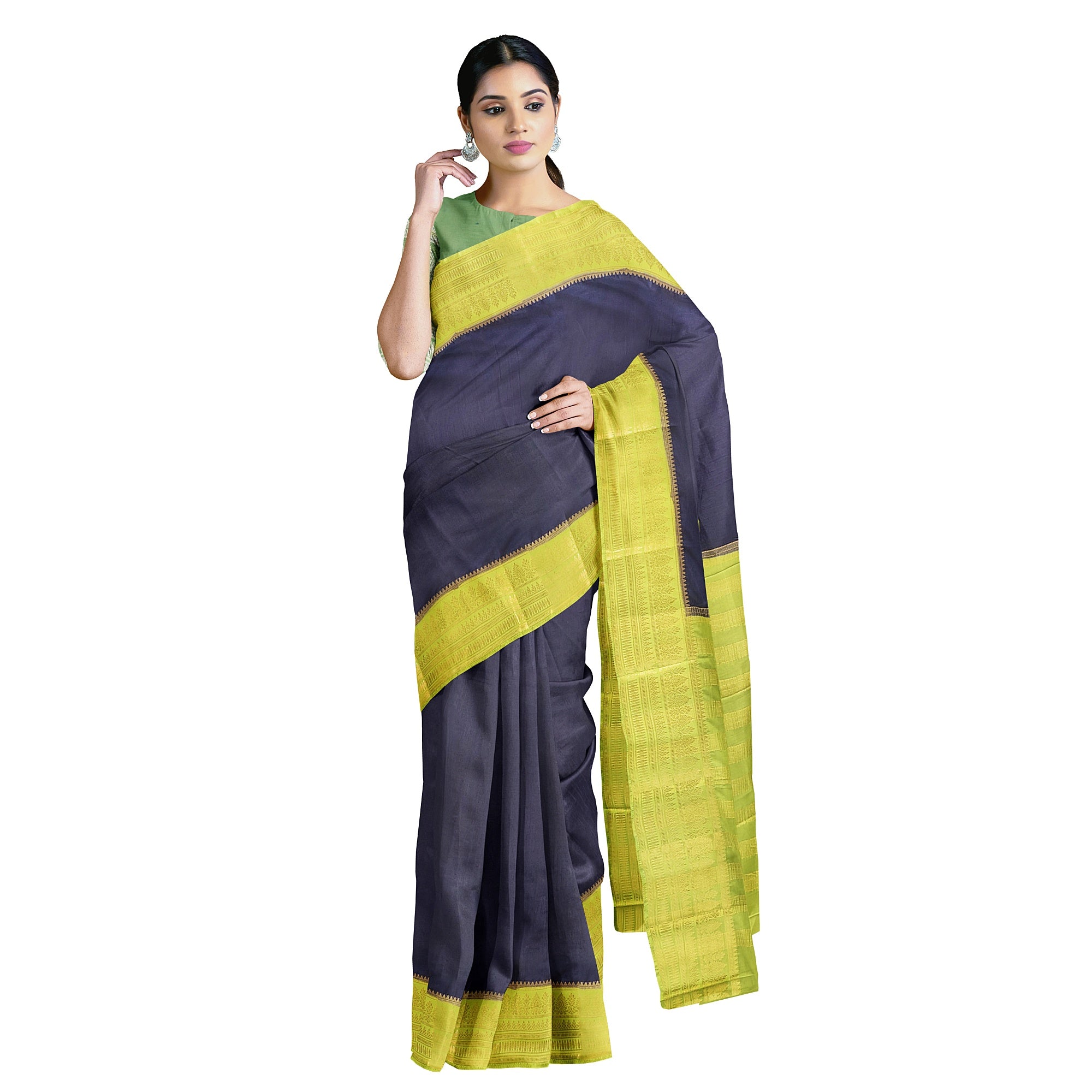 Navy Blue Saree – Pista Green Border – Shop Online