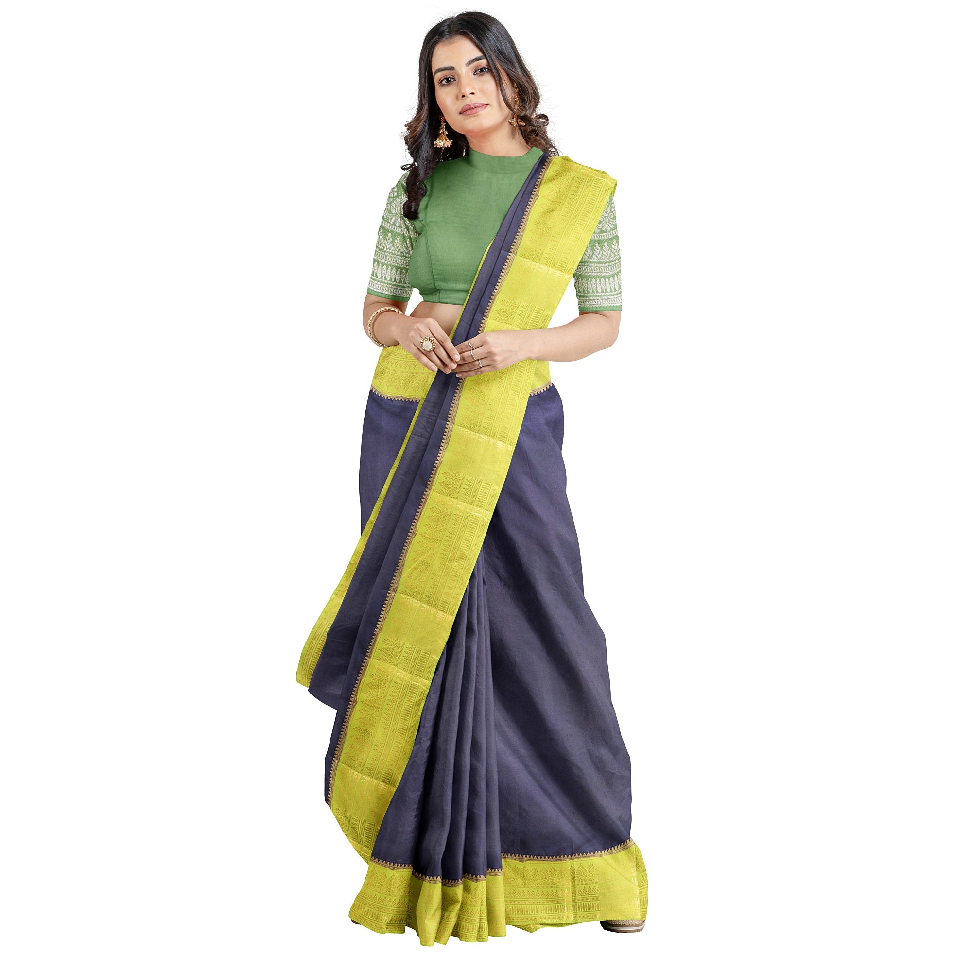 Navy Blue Saree – Pista Green Border – Shop Online