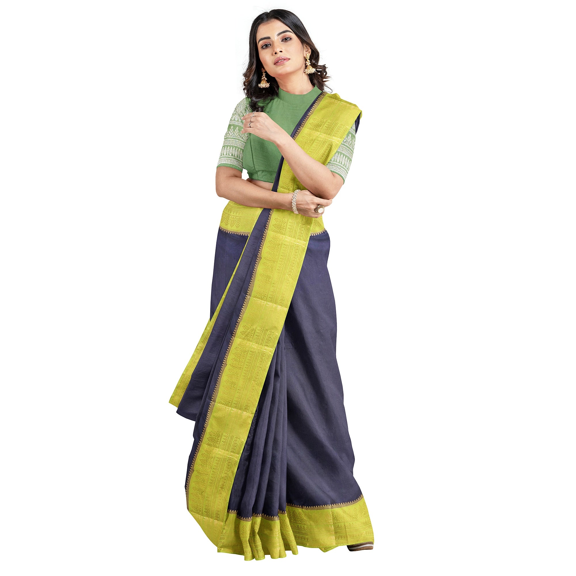 Navy Blue Saree – Pista Green Border – Shop Online