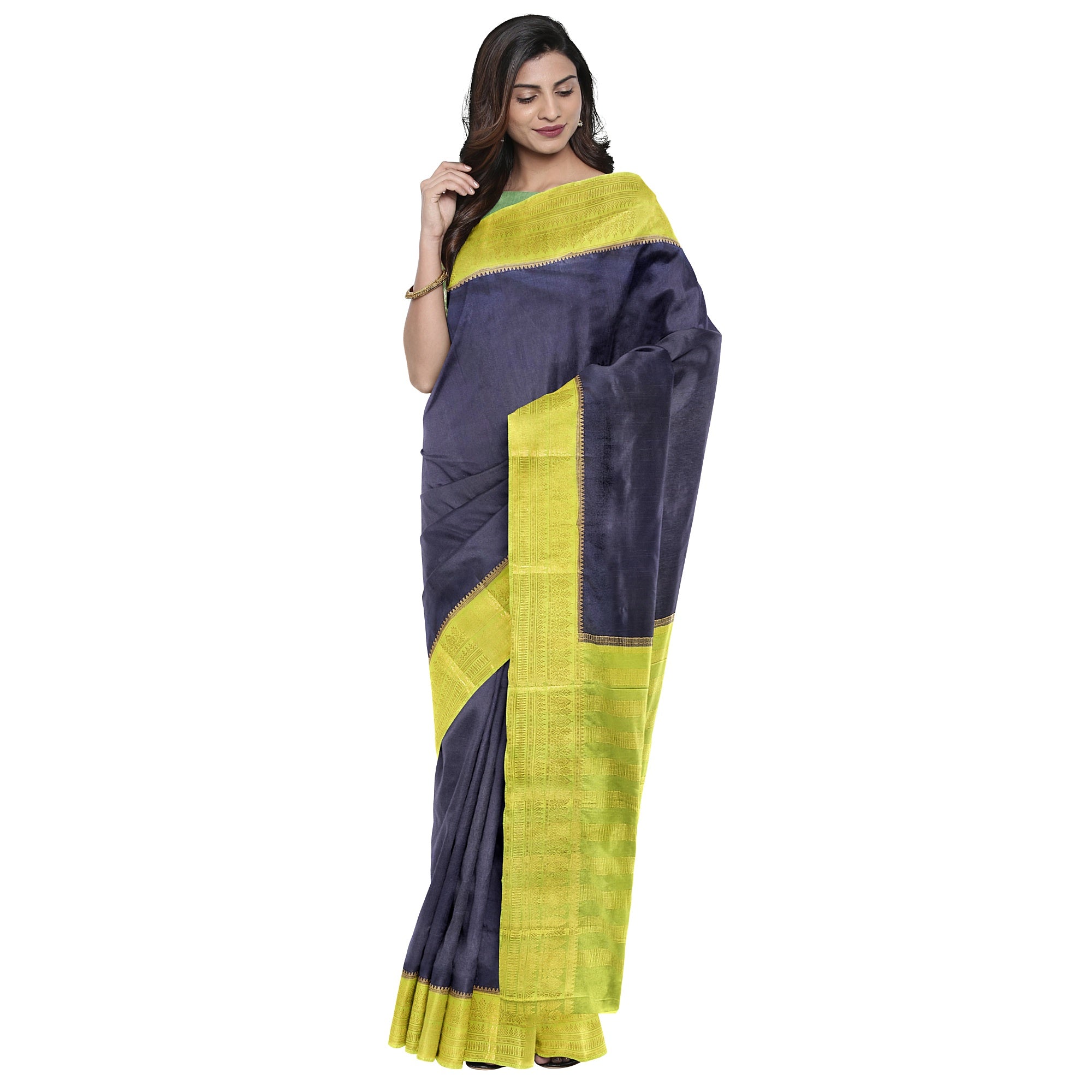 Navy Blue Saree – Pista Green Border – Shop Online