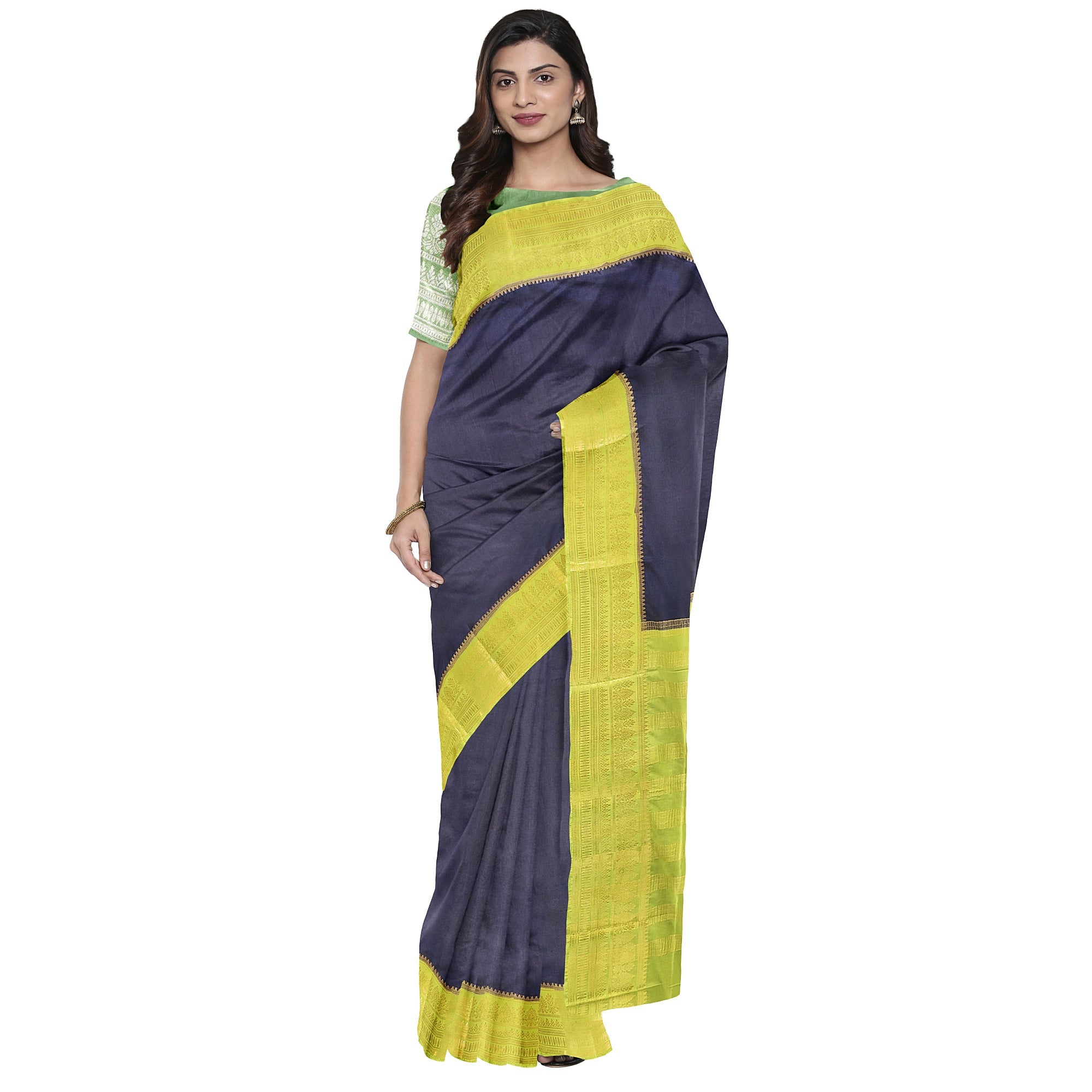 Navy Blue Saree – Pista Green Border – Shop Online
