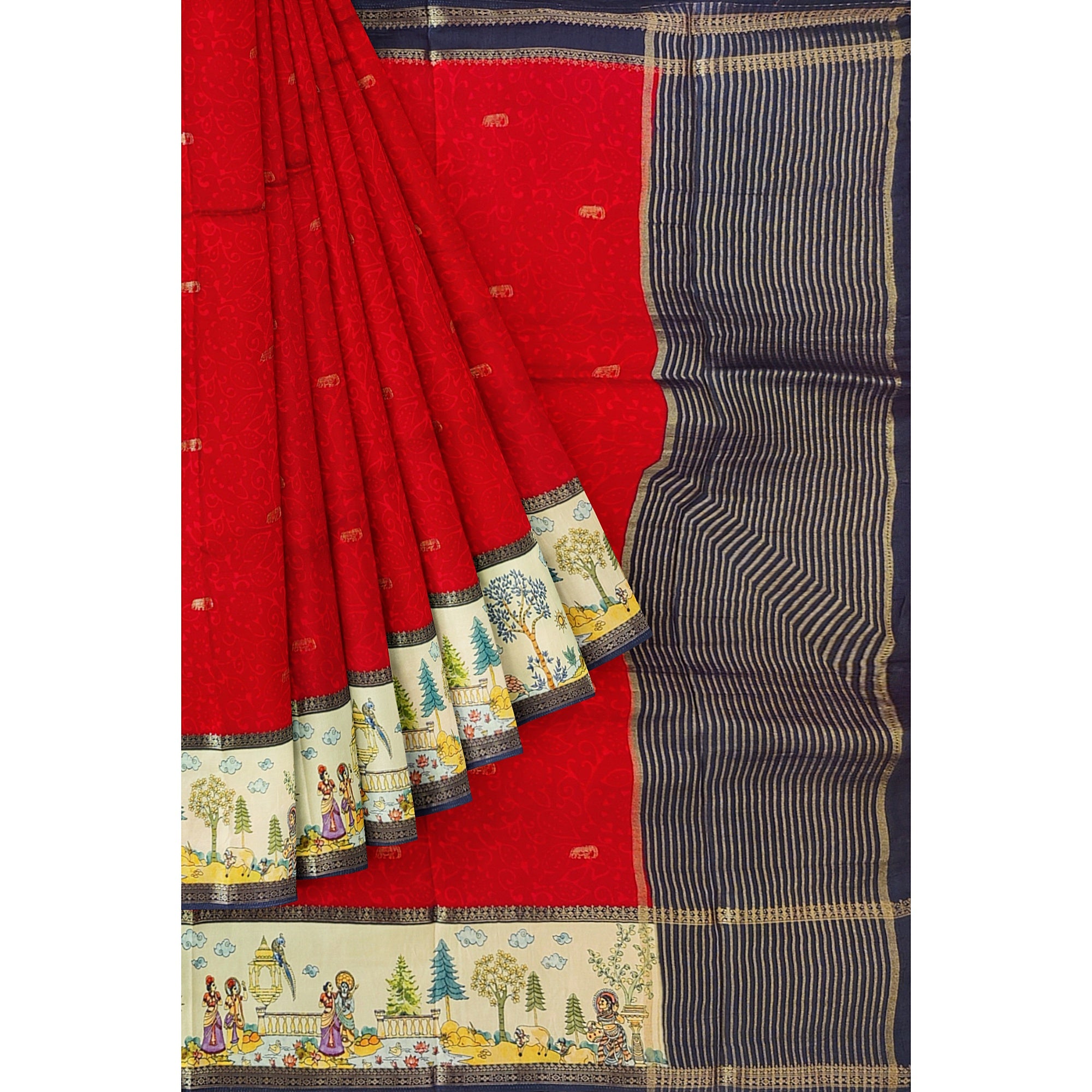 Red Saree – Floral Work & Traditional Printed Border – Shop Online