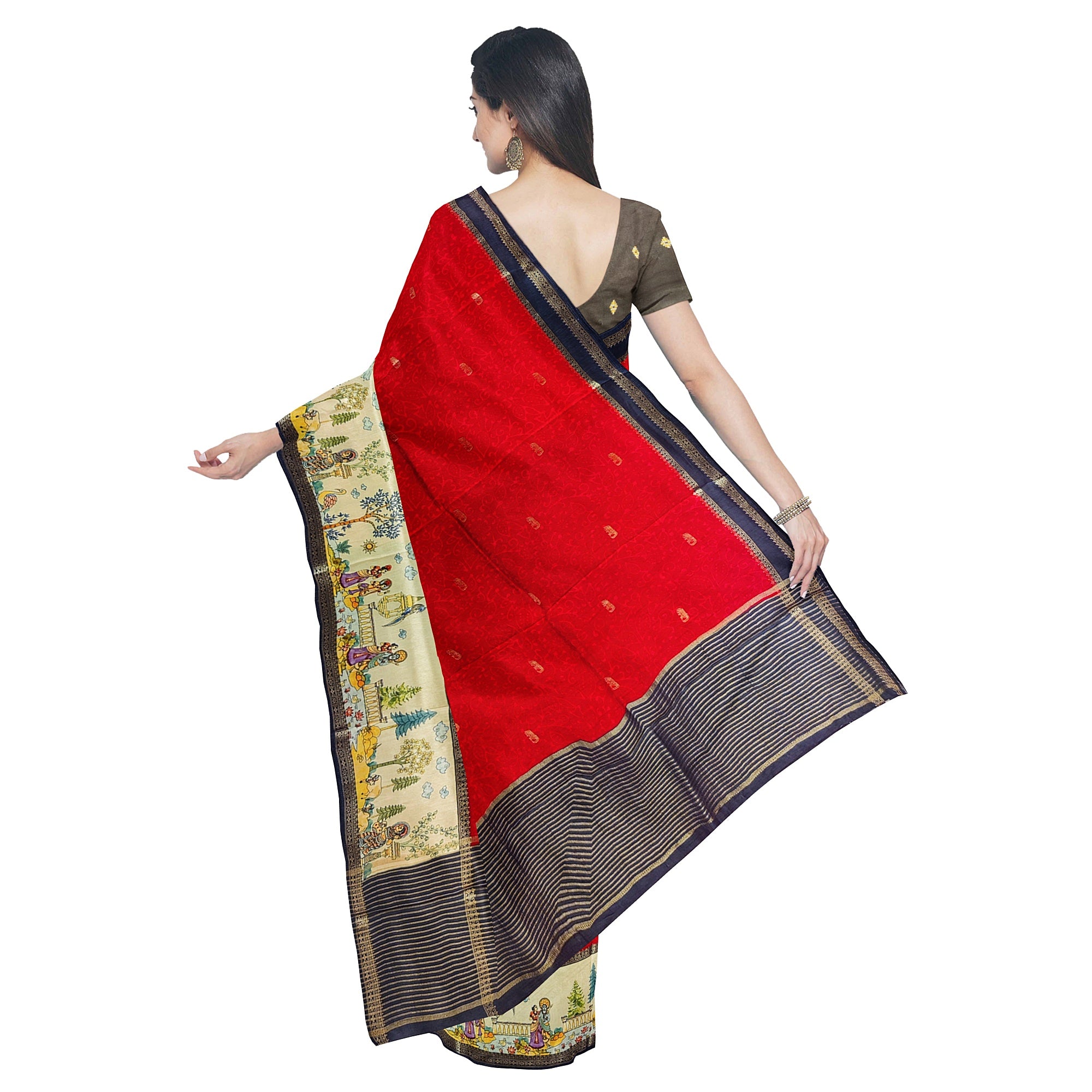 Red Saree – Floral Work & Traditional Printed Border – Shop Online