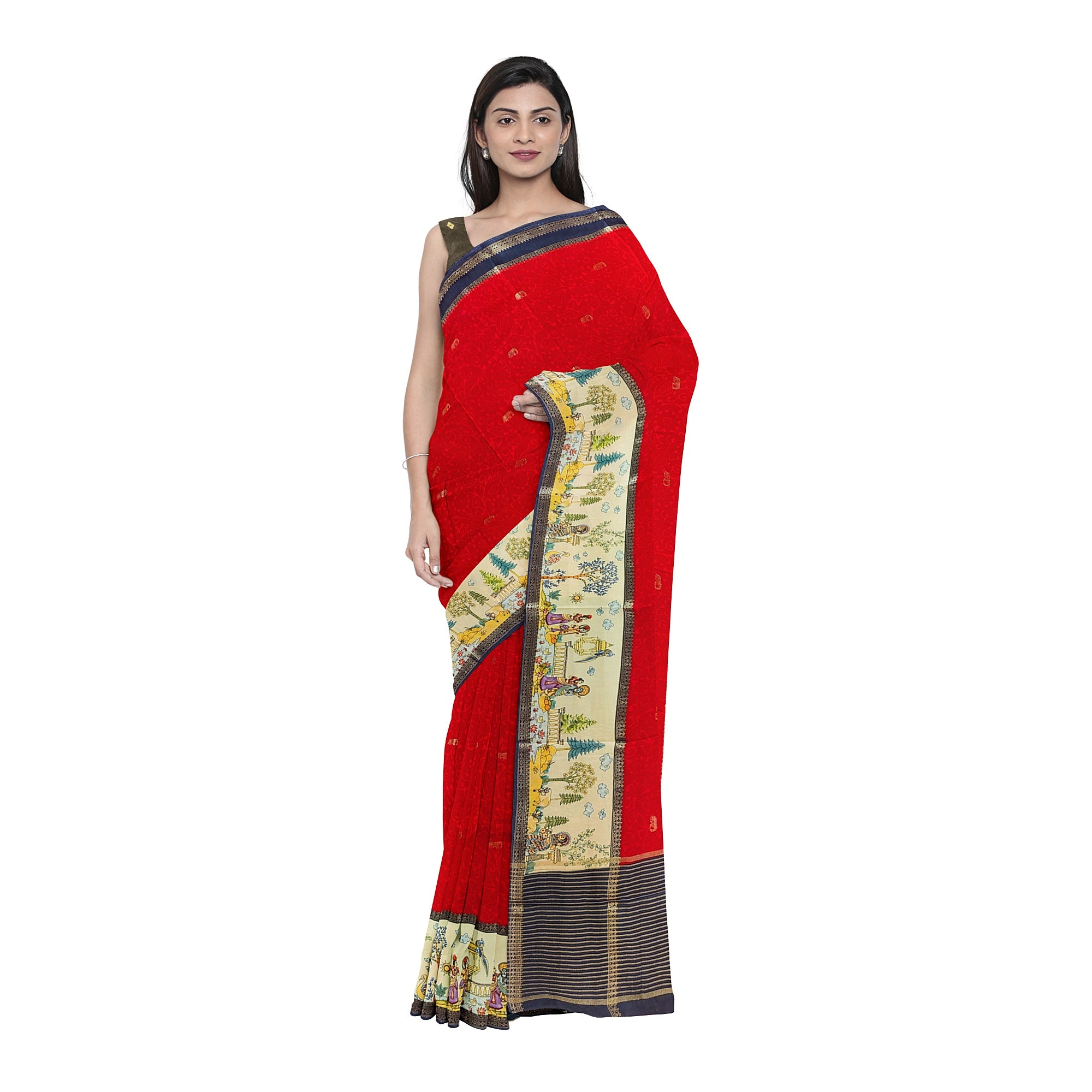 Red Saree – Floral Work & Traditional Printed Border – Shop Online