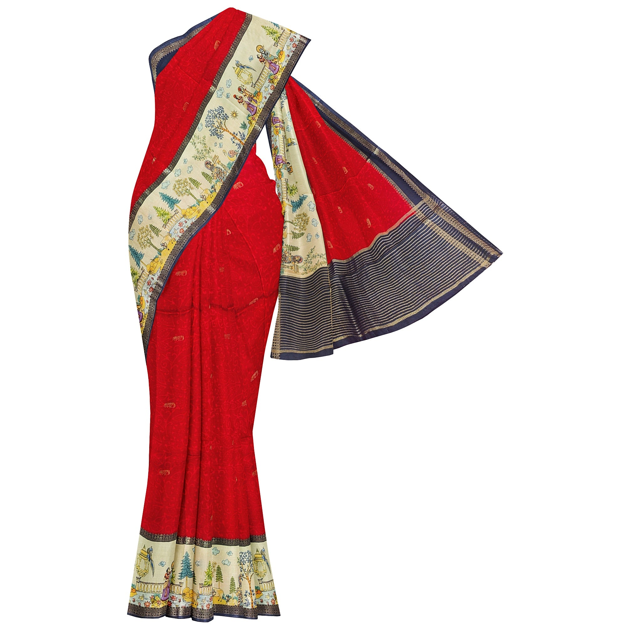 Red Saree – Floral Work & Traditional Printed Border – Shop Online