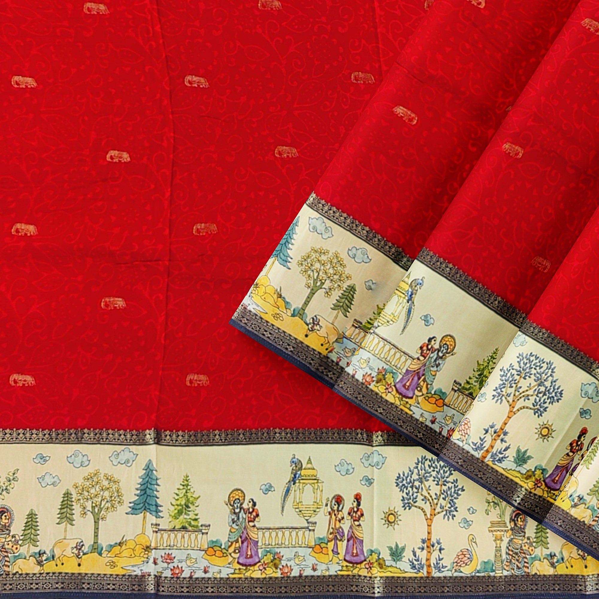 Red Saree – Floral Work & Traditional Printed Border – Shop Online