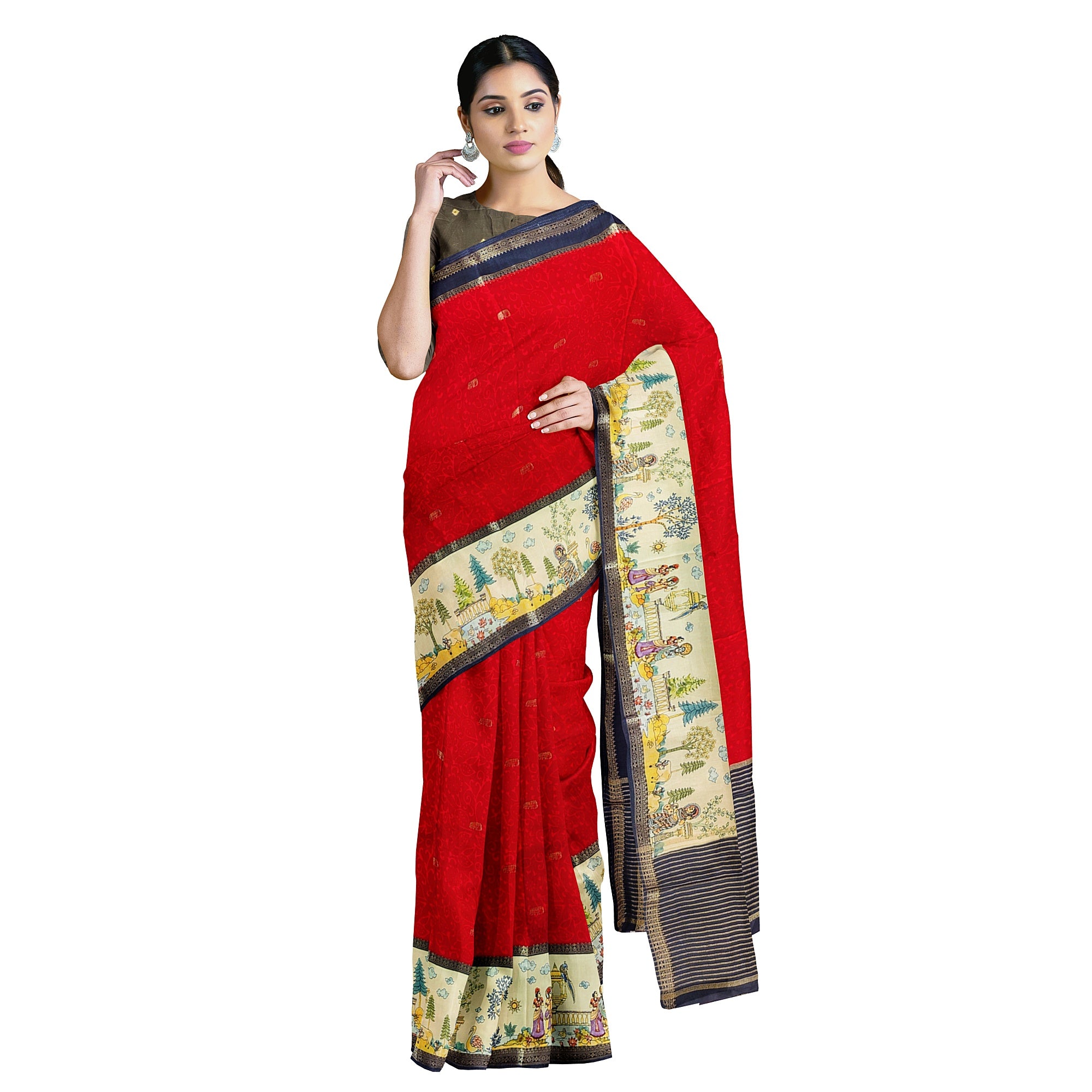 Red Saree – Floral Work & Traditional Printed Border – Shop Online