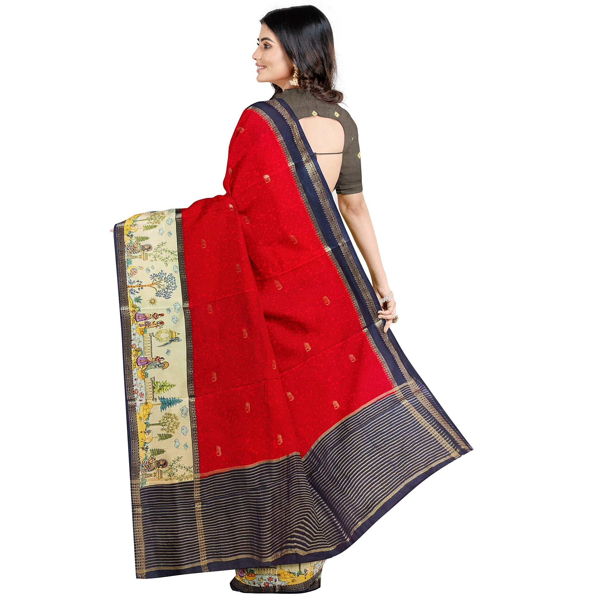 Red Saree – Floral Work & Traditional Printed Border – Shop Online