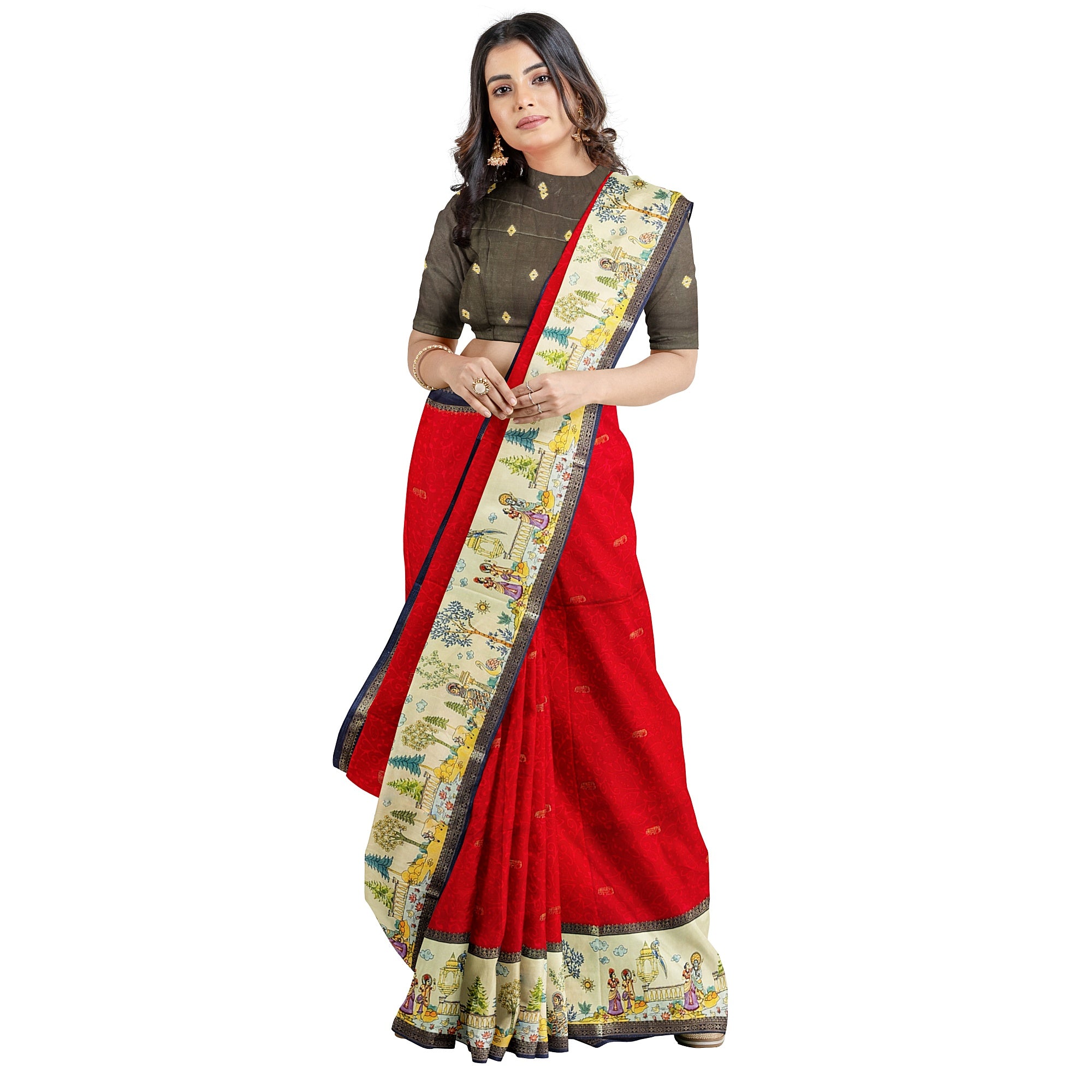 Red Saree – Floral Work & Traditional Printed Border – Shop Online
