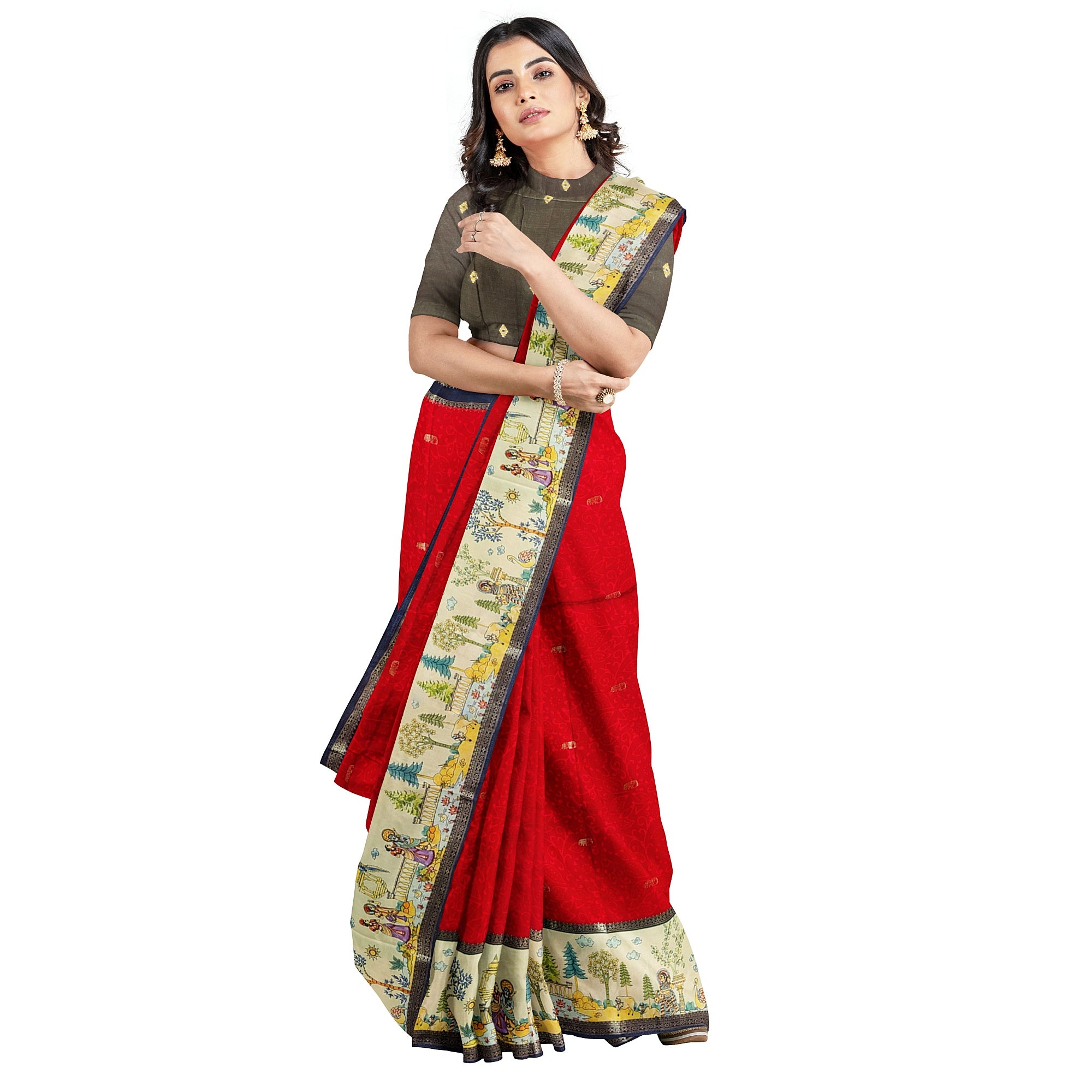 Red Saree – Floral Work & Traditional Printed Border – Shop Online