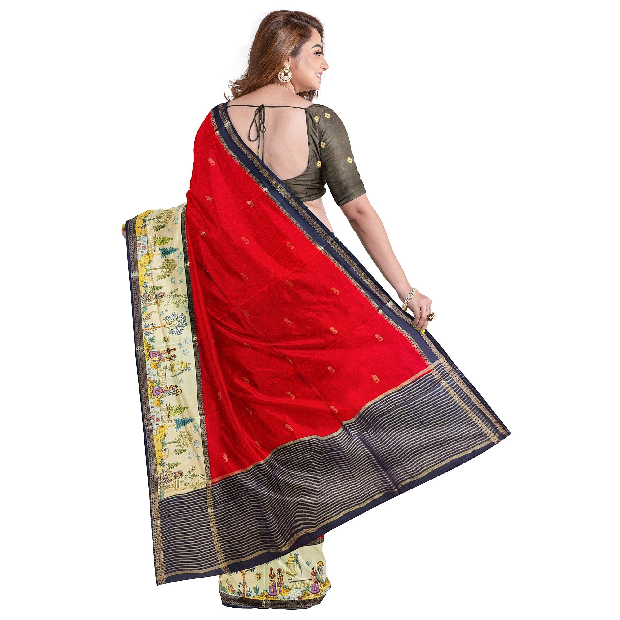 Red Saree – Floral Work & Traditional Printed Border – Shop Online