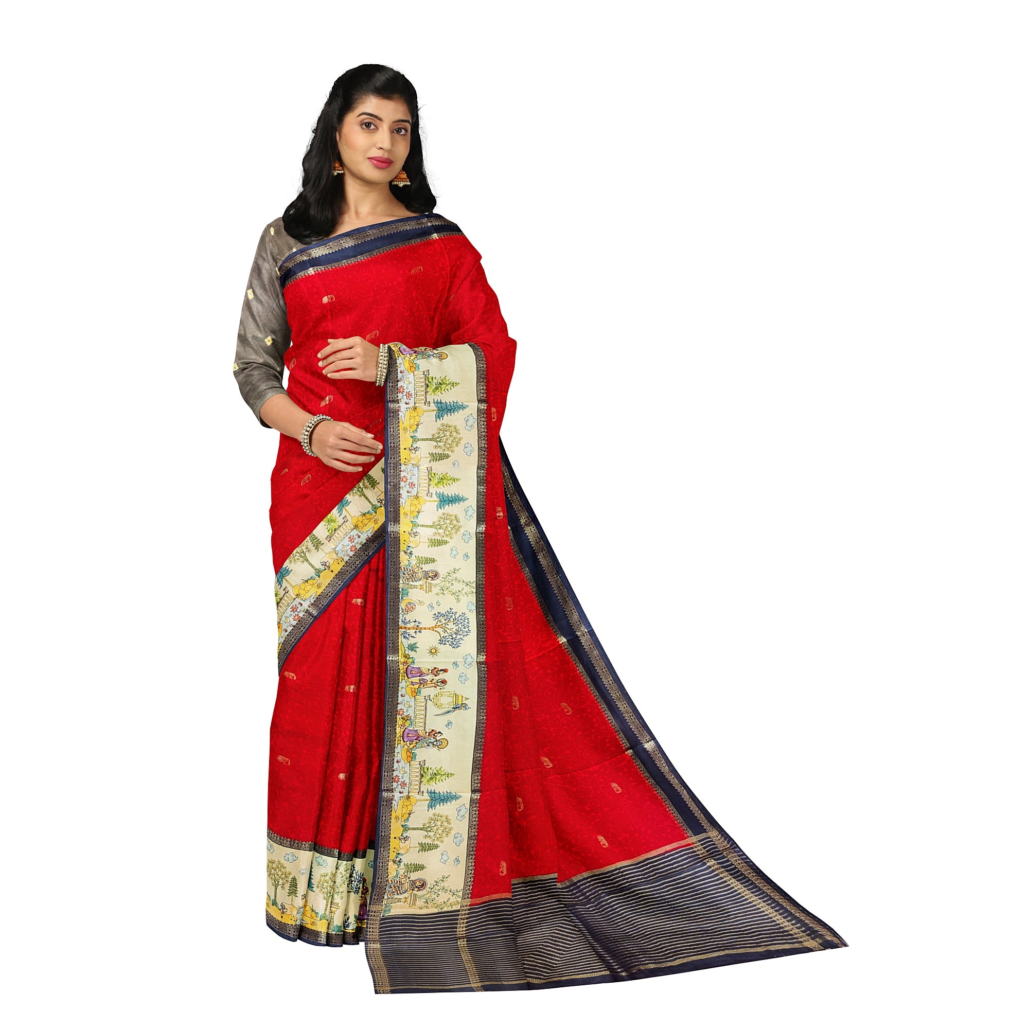 Red Saree – Floral Work & Traditional Printed Border – Shop Online
